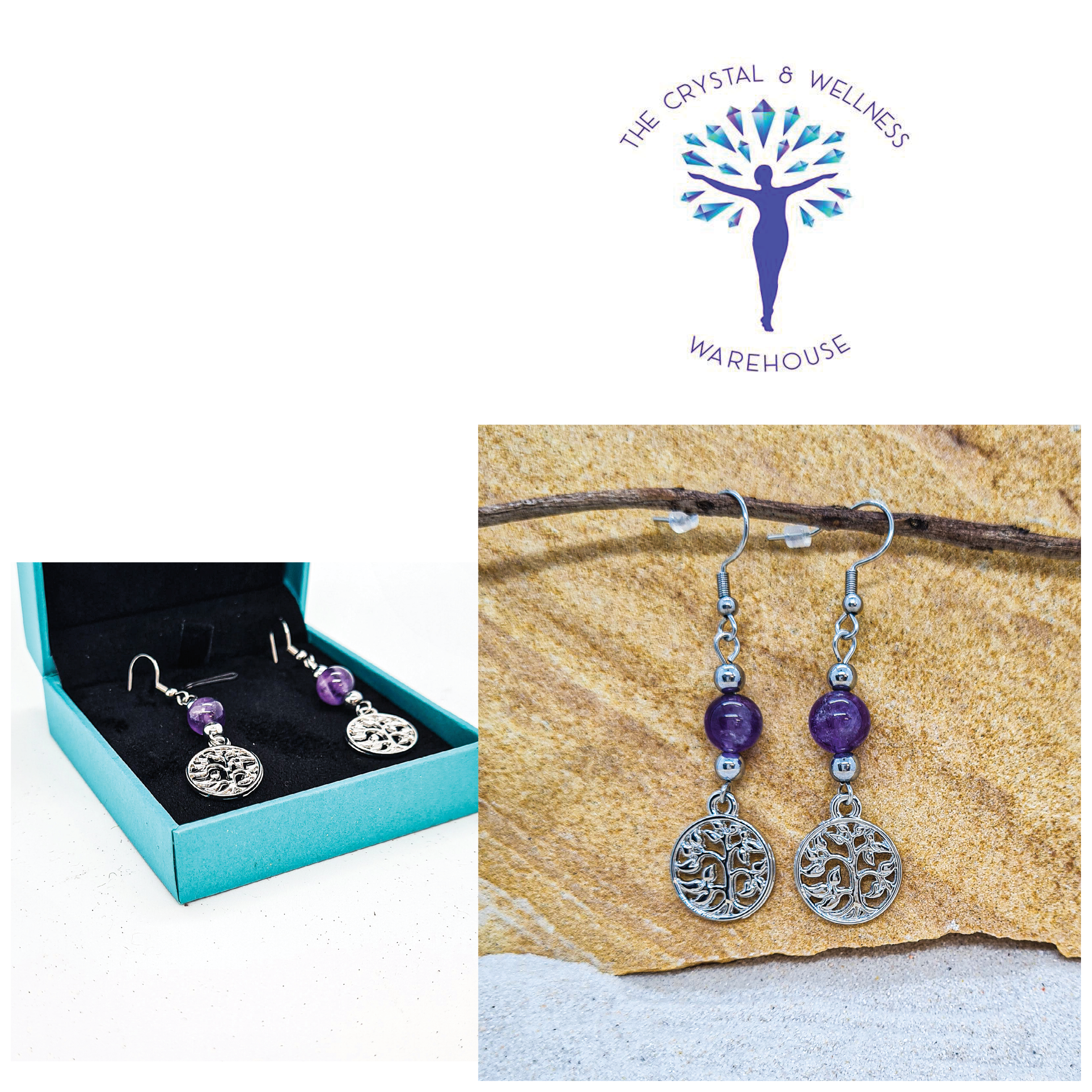 Amethyst 8mm crystal bead drop earring with silver tree of life charm