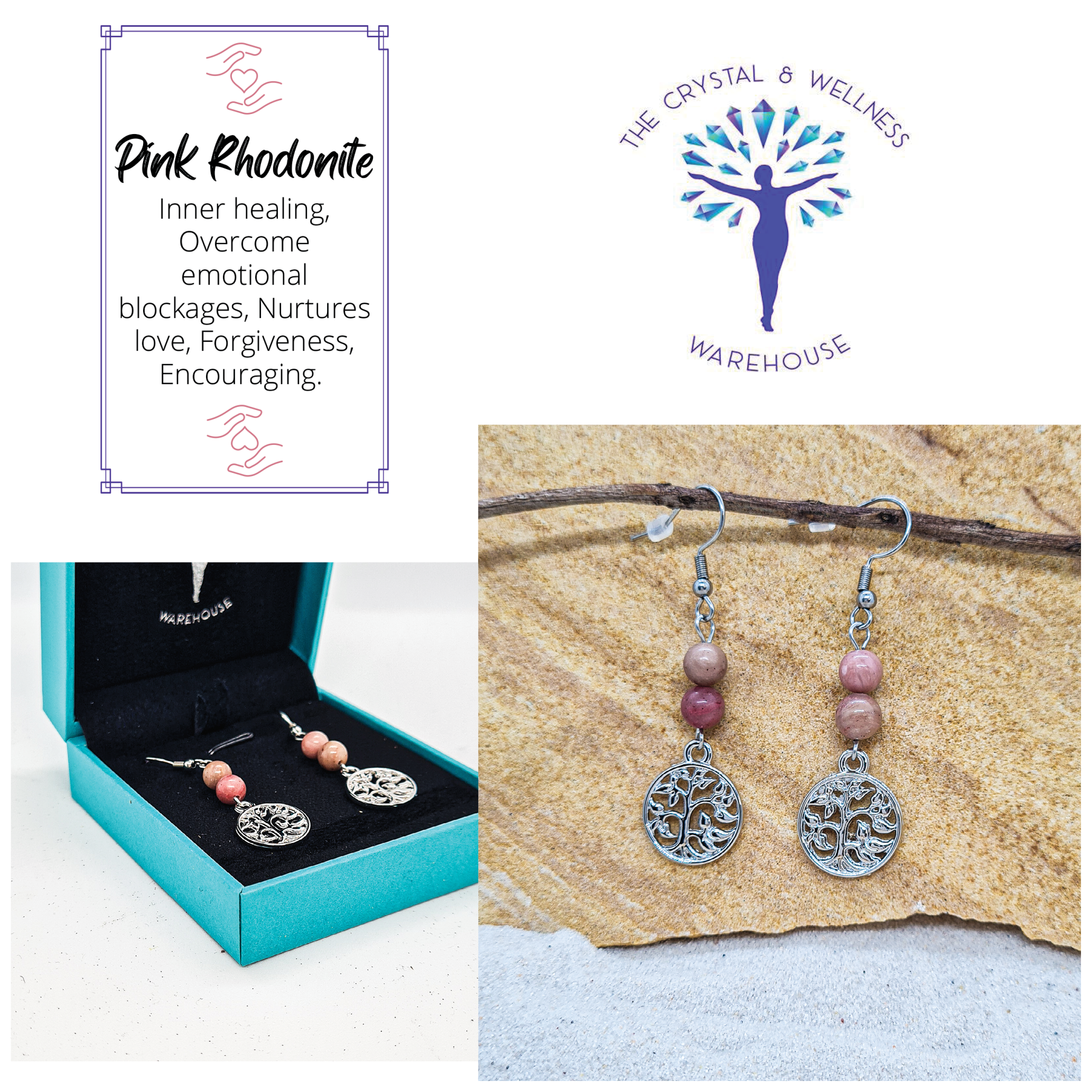 Pink Rhodonite 6mm crystal bead drop earrings with silver tree of life charm