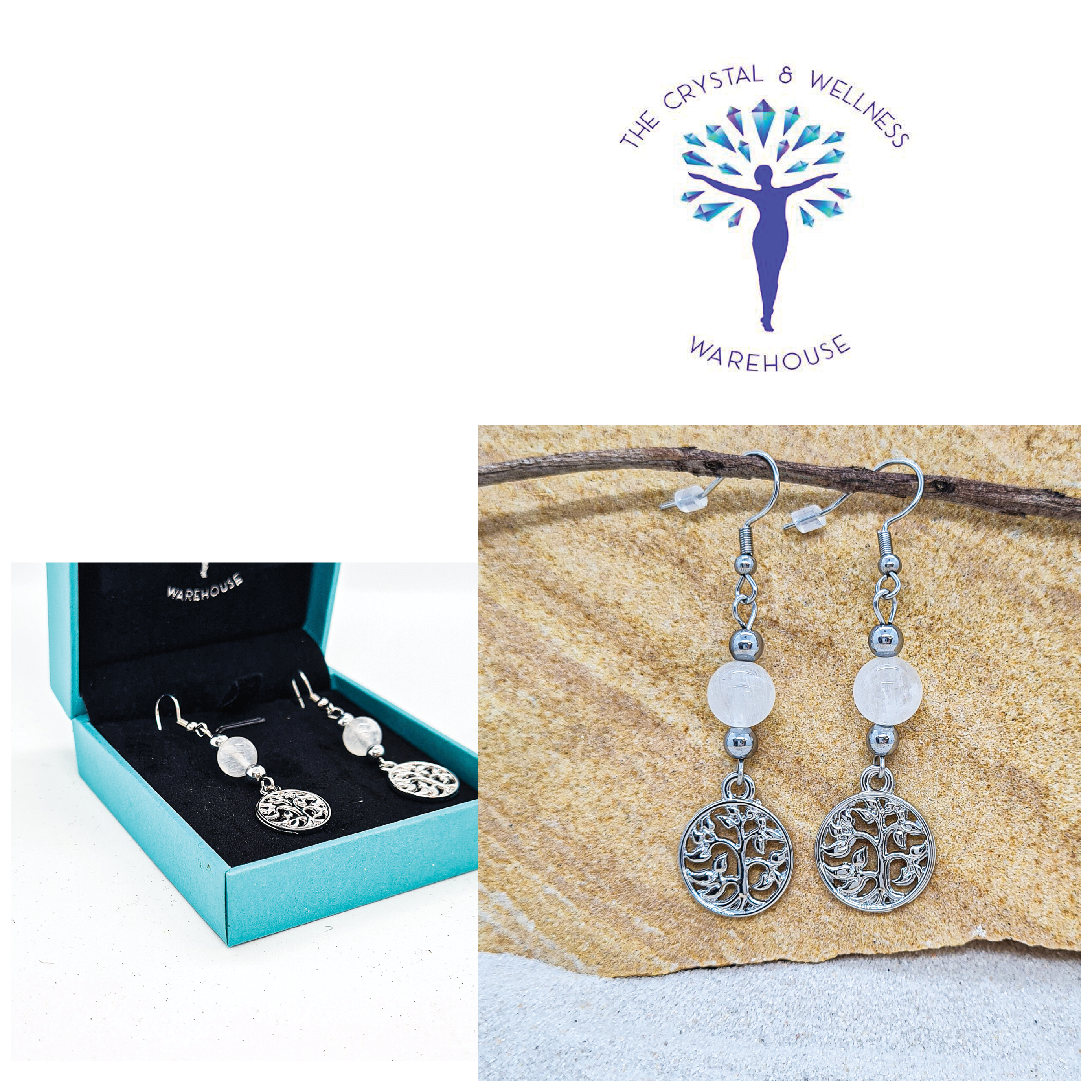 Rainbow Moonstone 8mm crystal bead drop earrings with silver tree of life charm