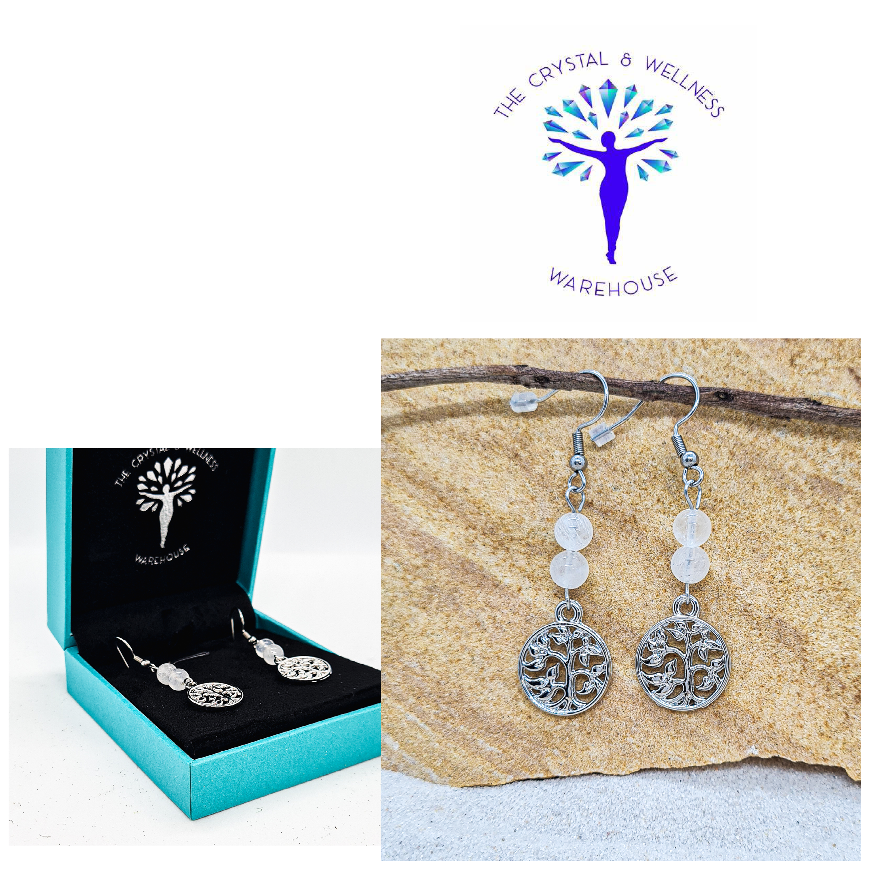 Rainbow Moonstone 6mm crystal bead drop earrings with silver tree of life charm
