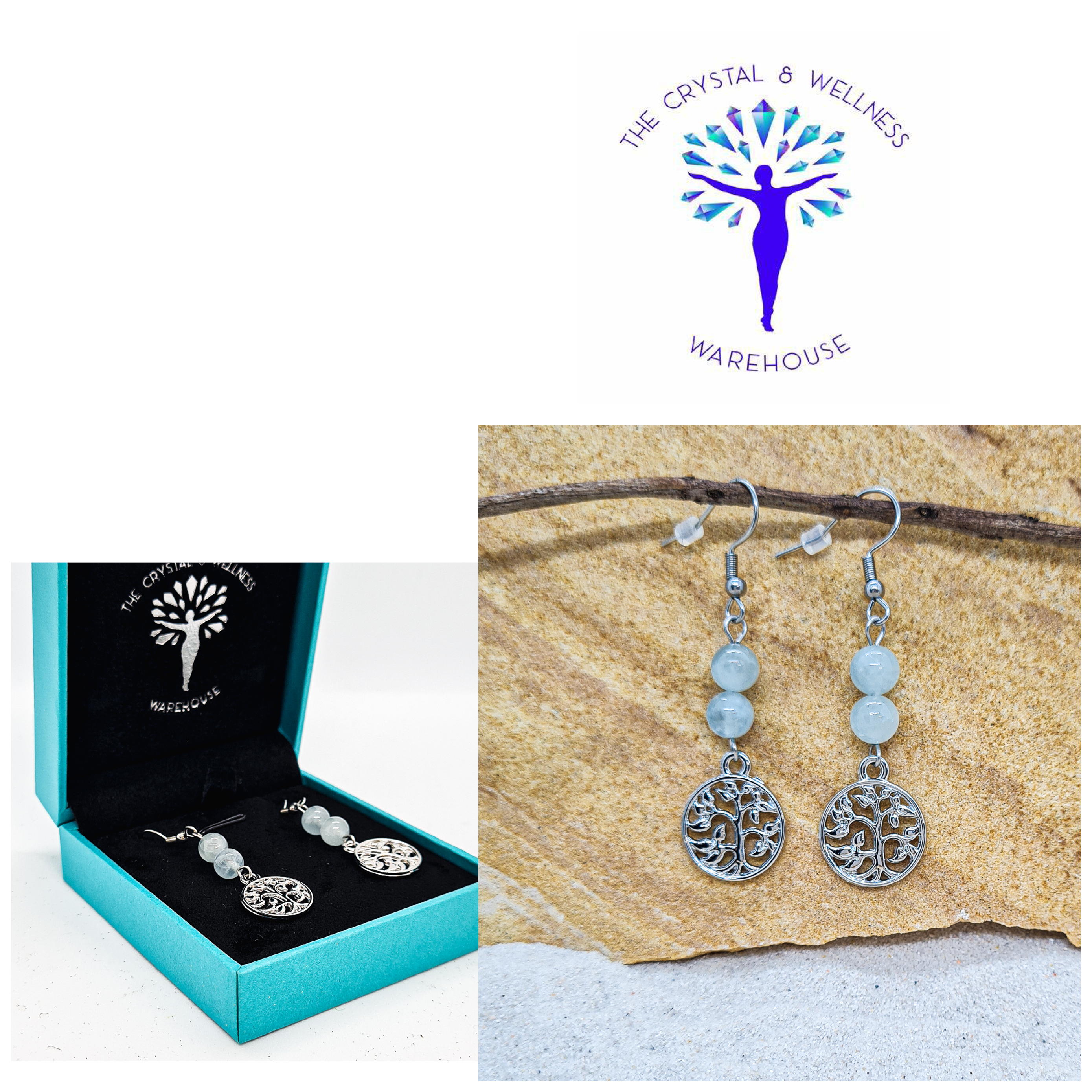 Aquamarine 6mm crystal bead drop earring with silver tree of life charm