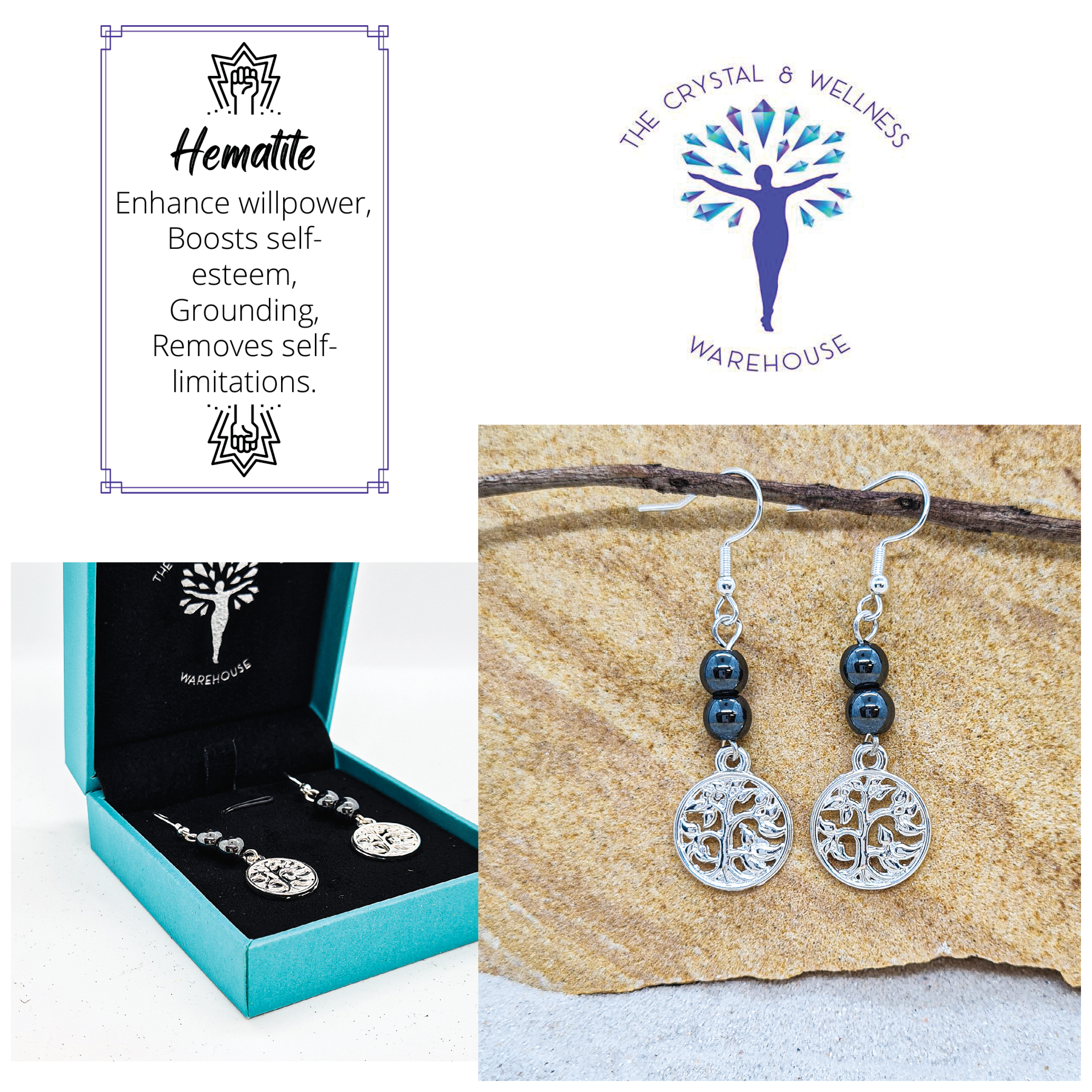 Hematite 6mm crystal bead drop earrings with silver tree of life charm