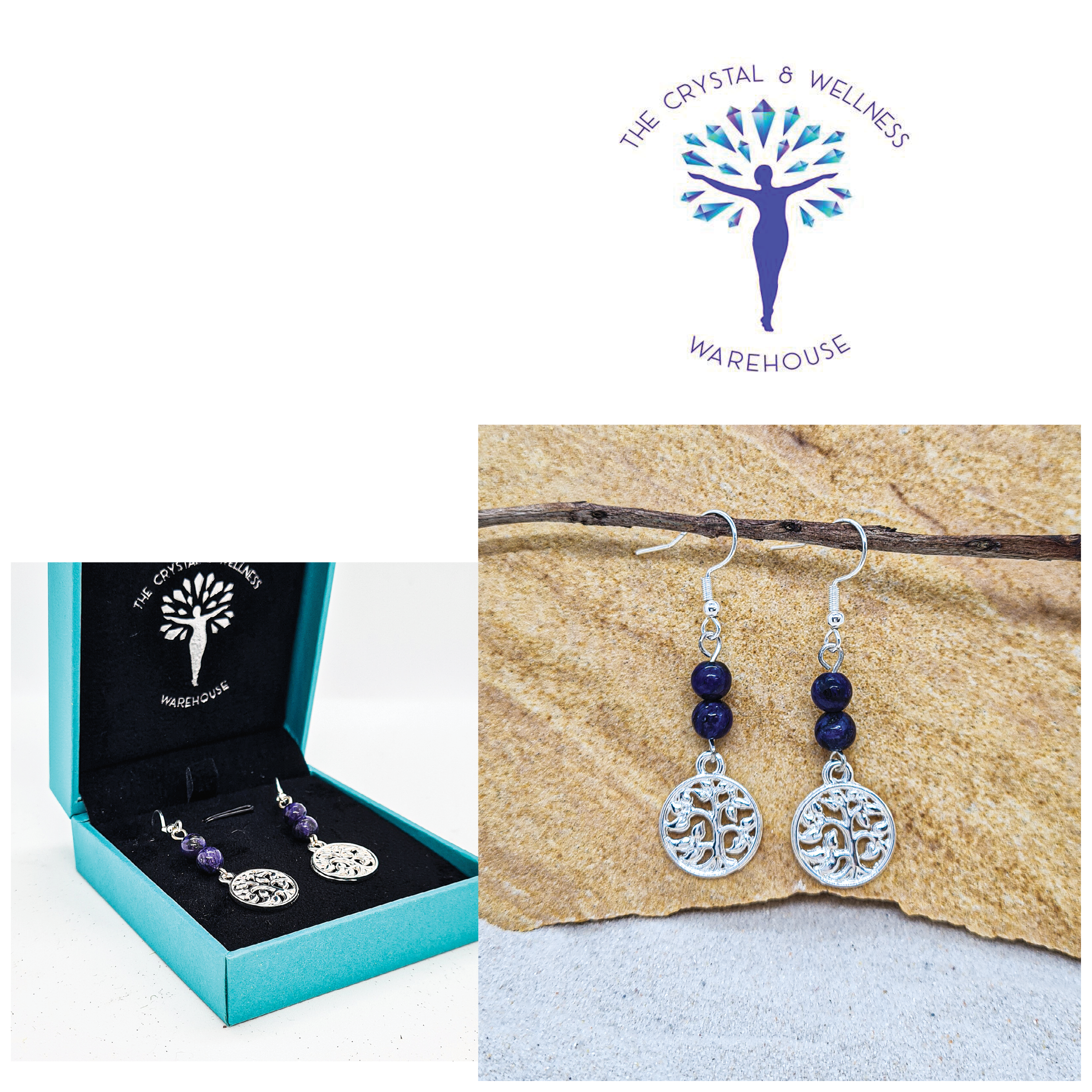 Sodalite 6mm crystal bead drop earrings with silver tree of life charm