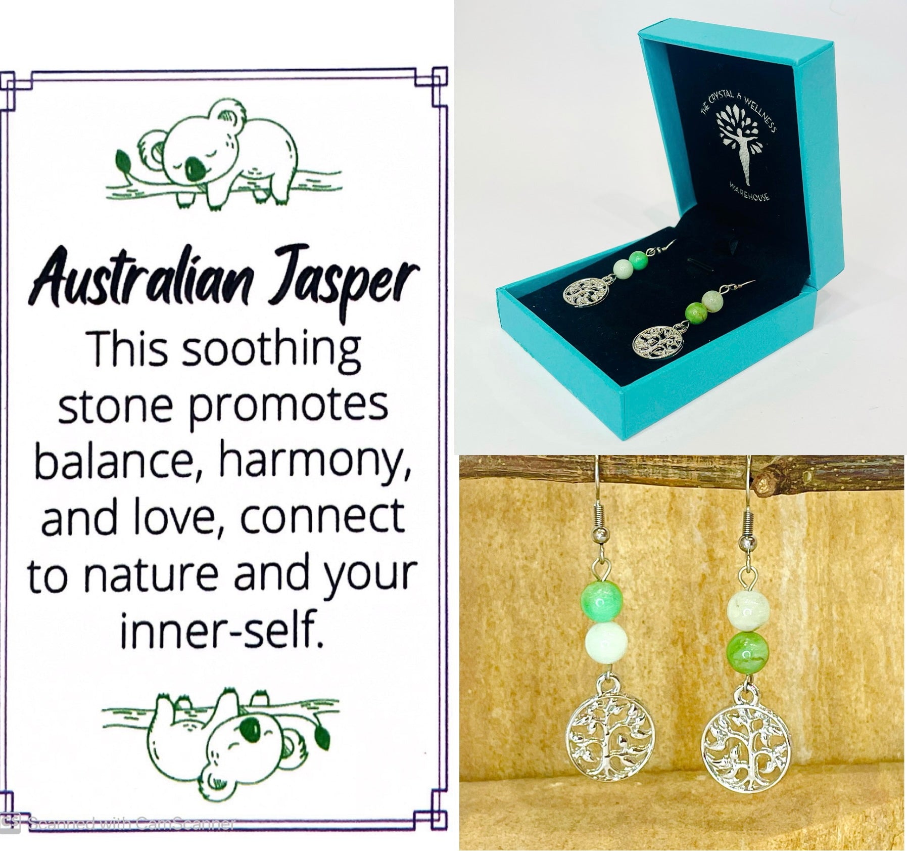 Australian Jasper 6mm crystal bead drop earrings with silver tree of life charm