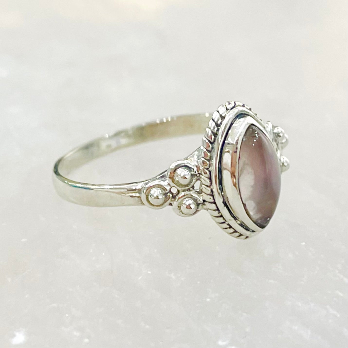 Rose Quartz navette design ring in sterling silver