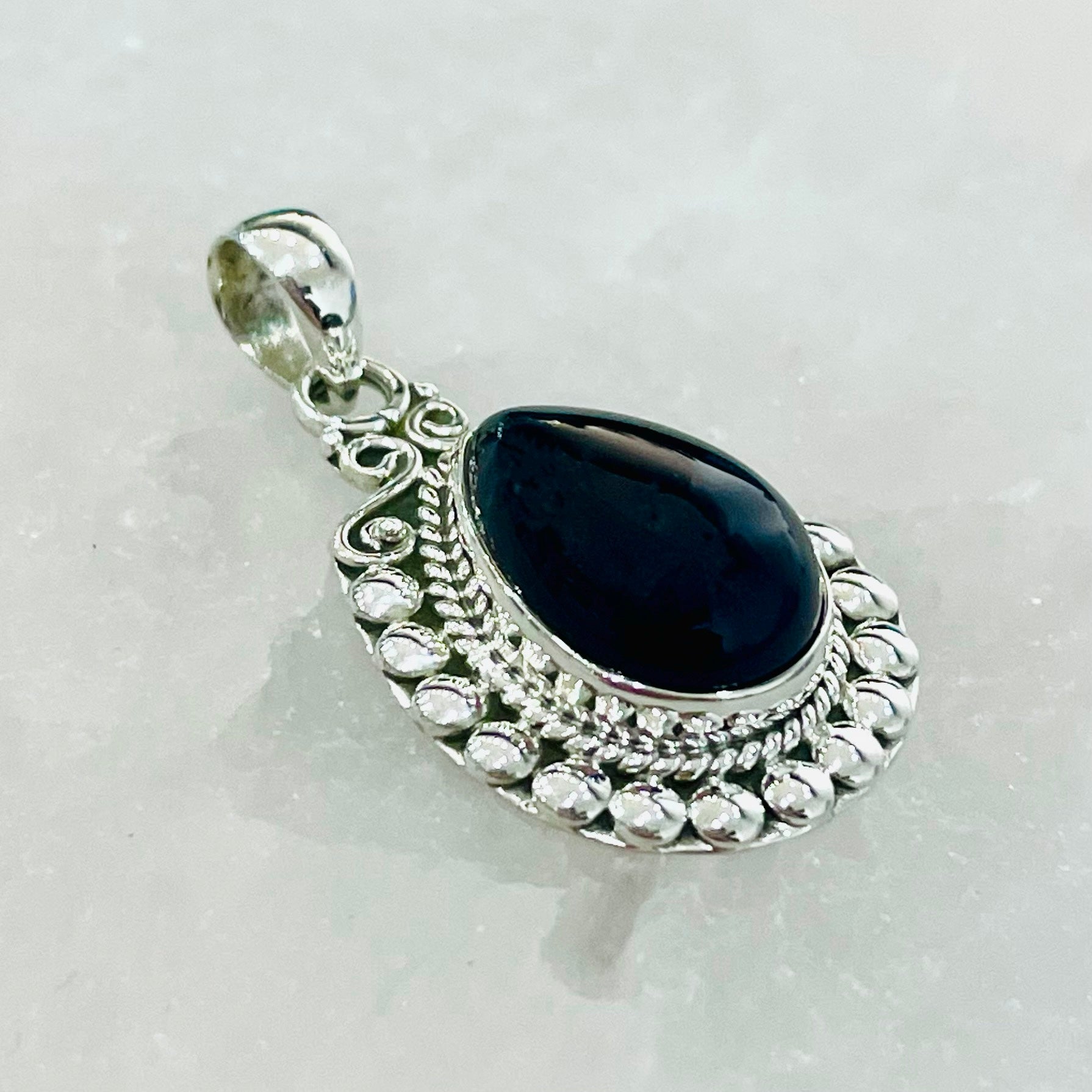 Obsidian boho pendant in sterling silver