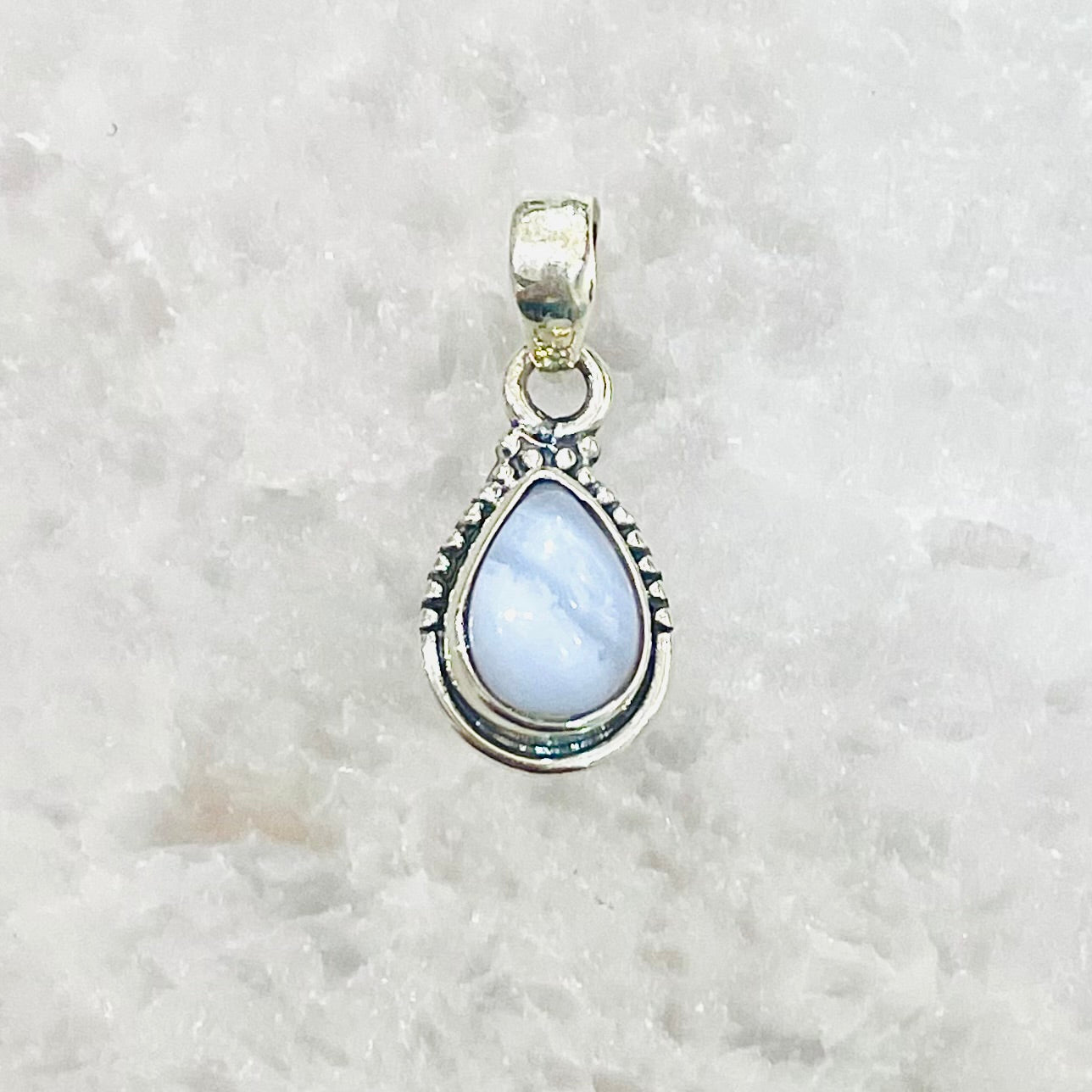 Blue Lace Agate tear drop pendant in sterling silver