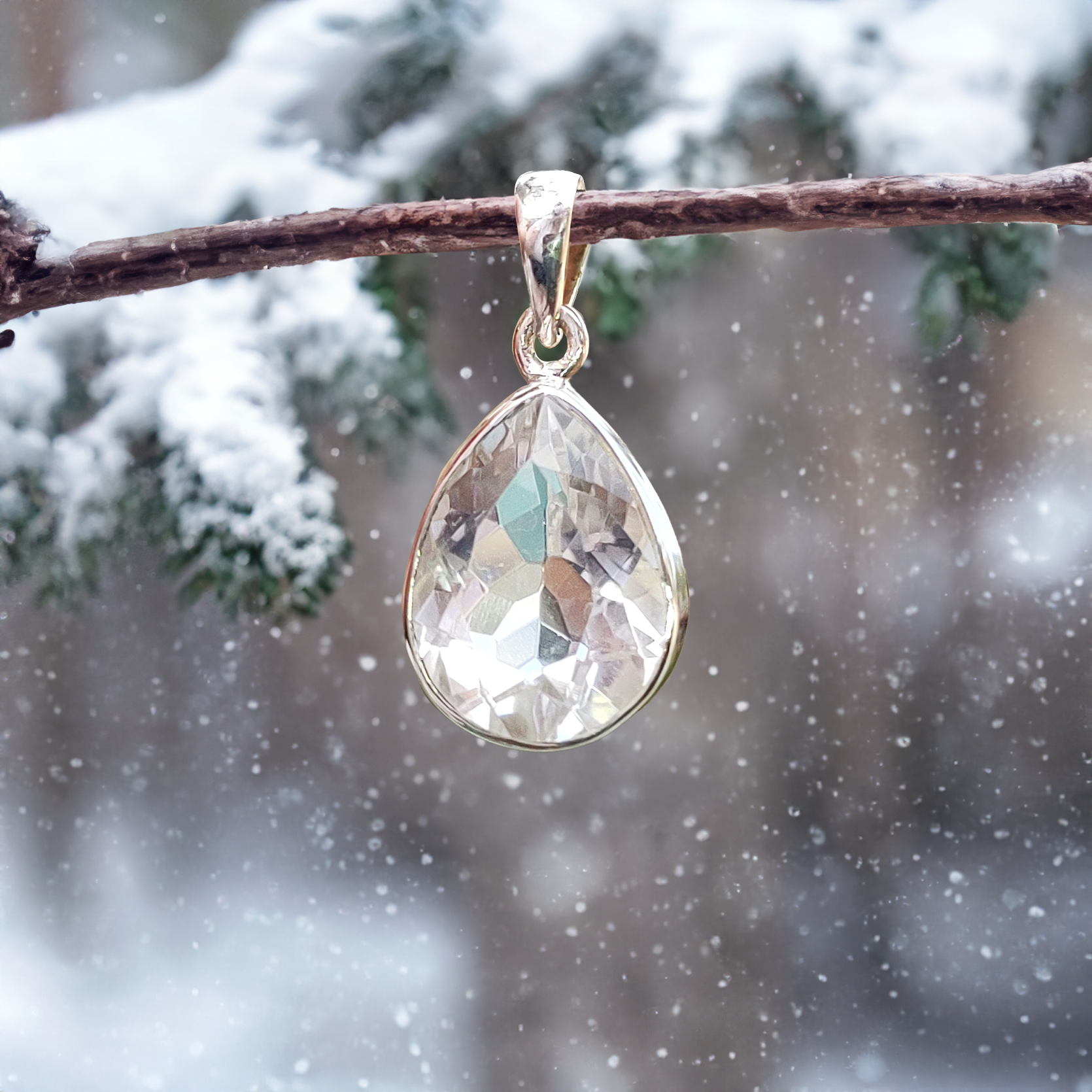 Faceted Tear Drop Clear Quartz Sterling Silver Pendant 2
