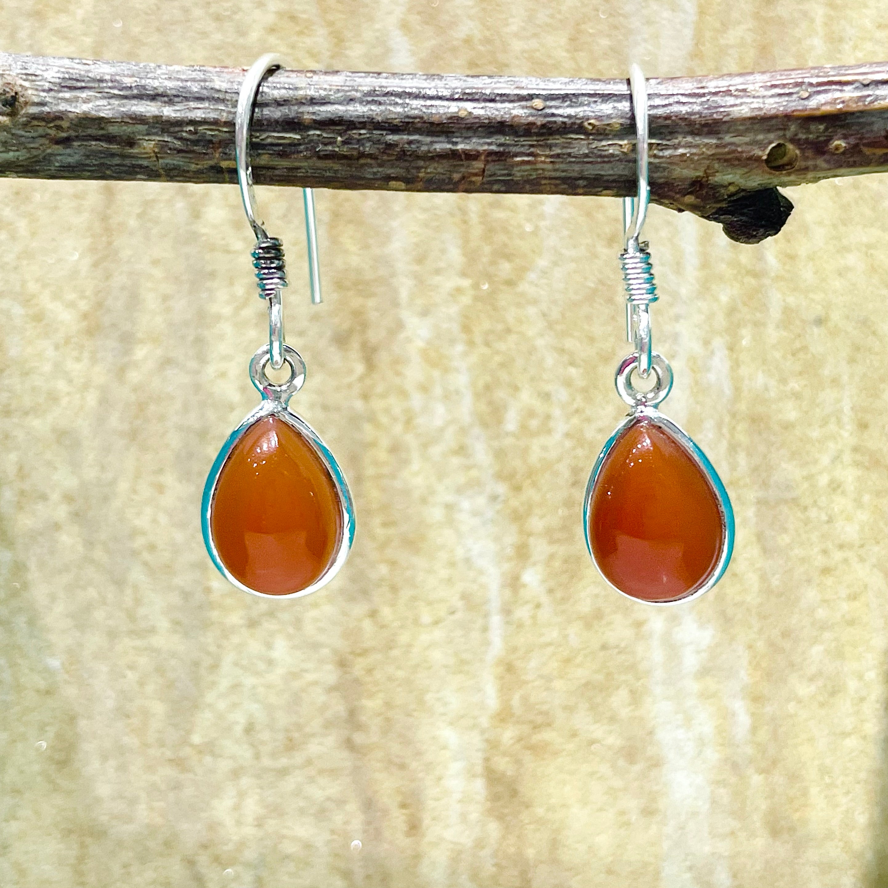 Carnelian cabochon pear shape sterling silver earrings