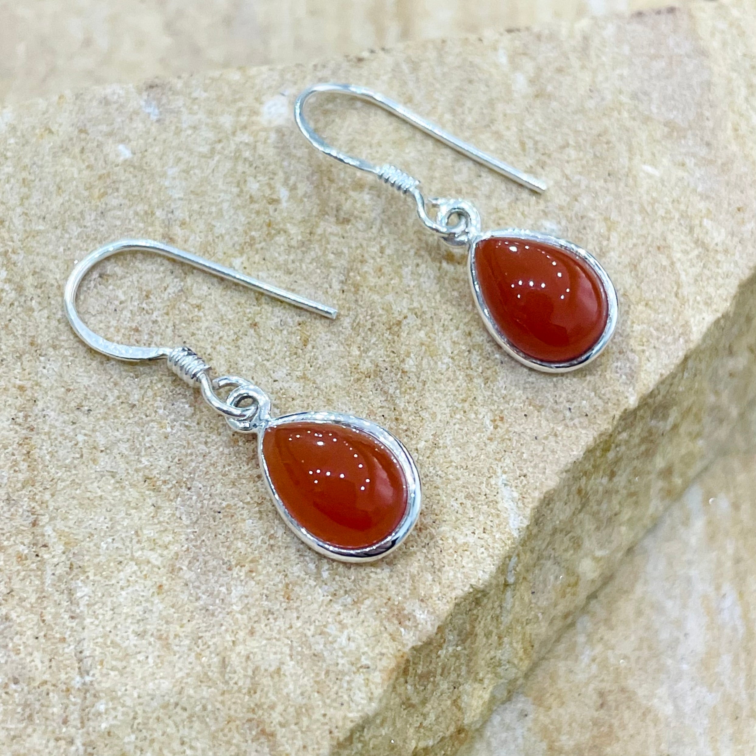 Carnelian cabochon pear shape sterling silver earrings