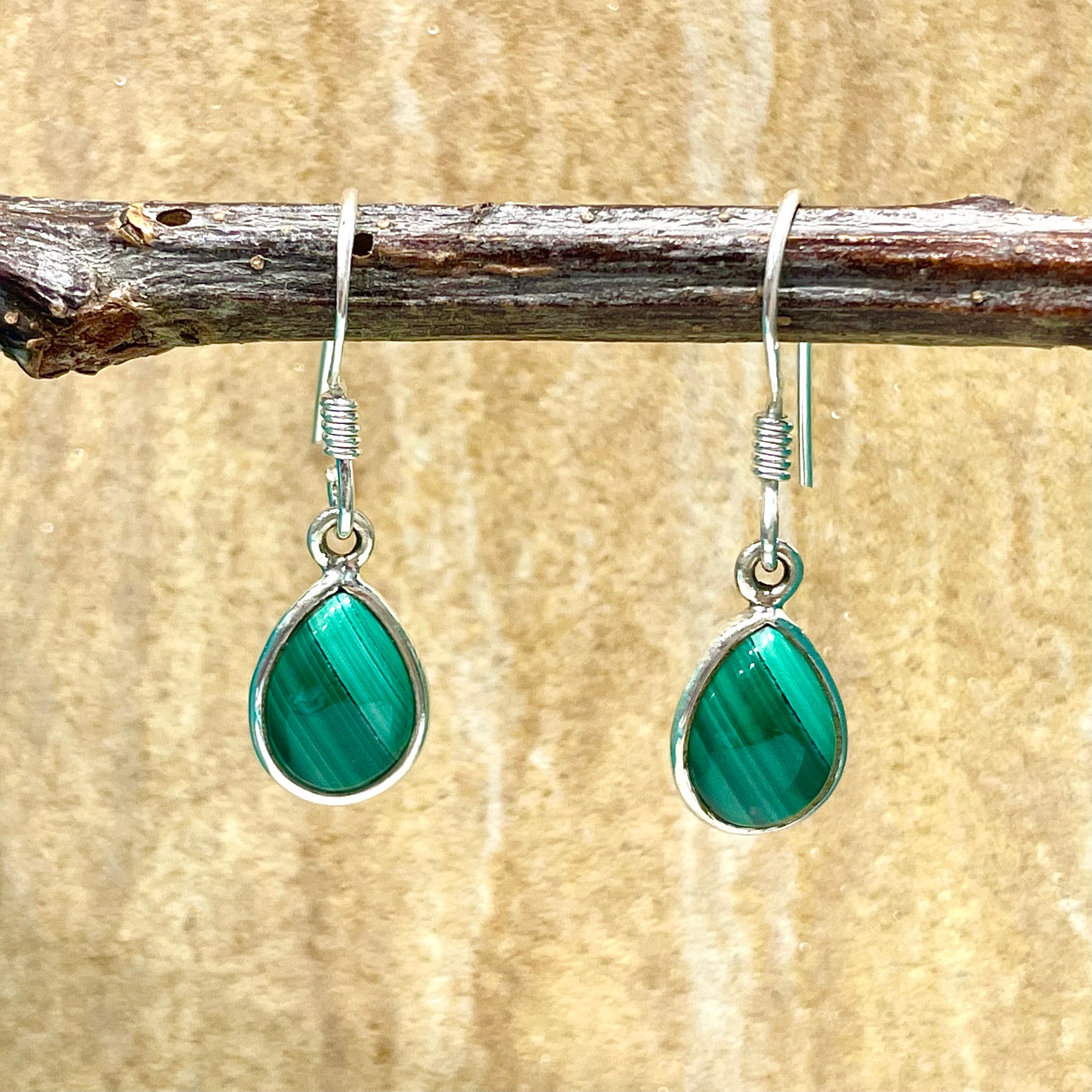 Malachite tear drop cabochon earrings in sterling silver