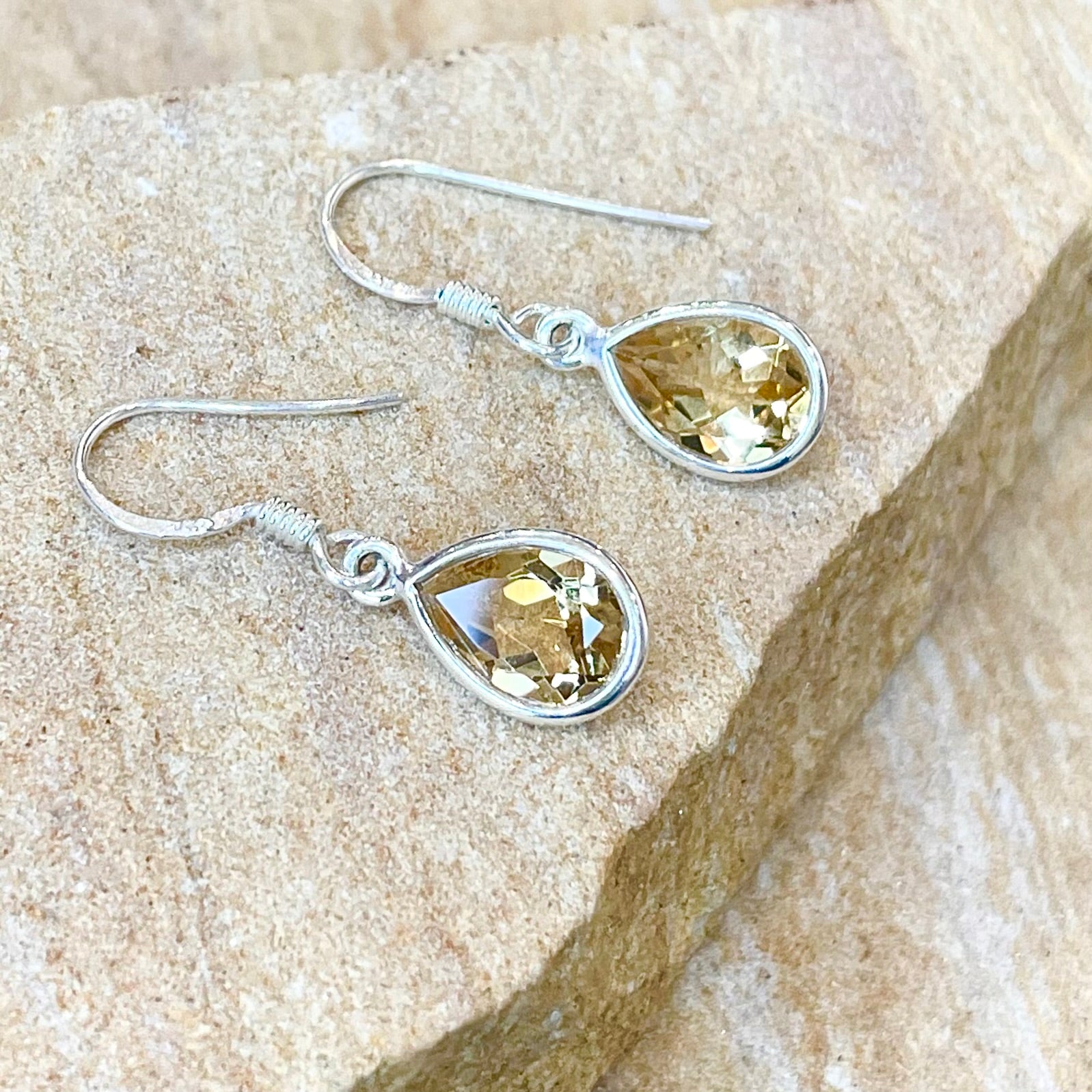 Faceted citrine pear shape silver earrings