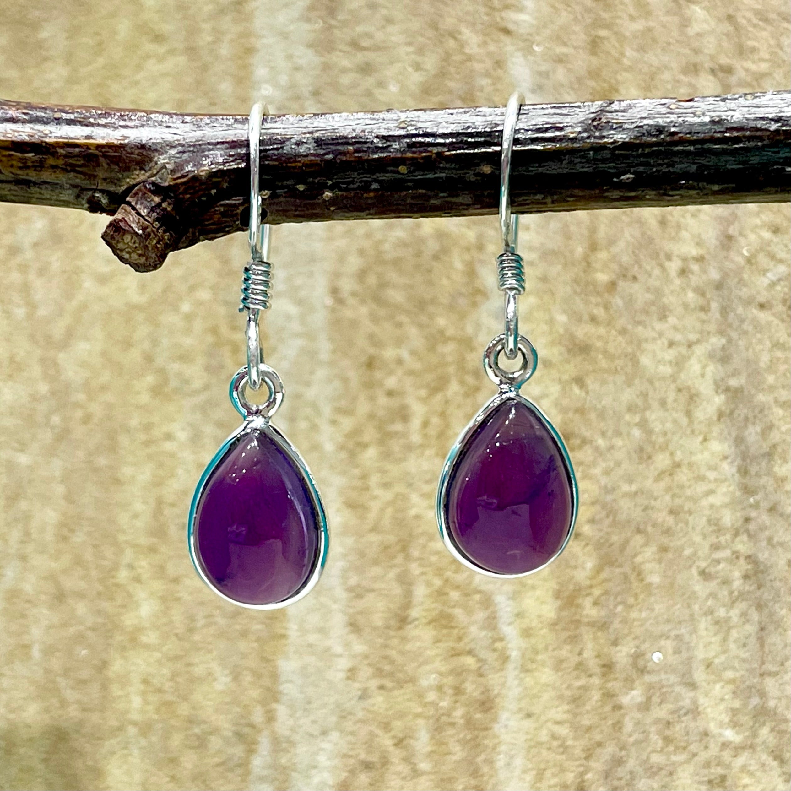 Amethyst teardrop cabochon earrings in sterling silver