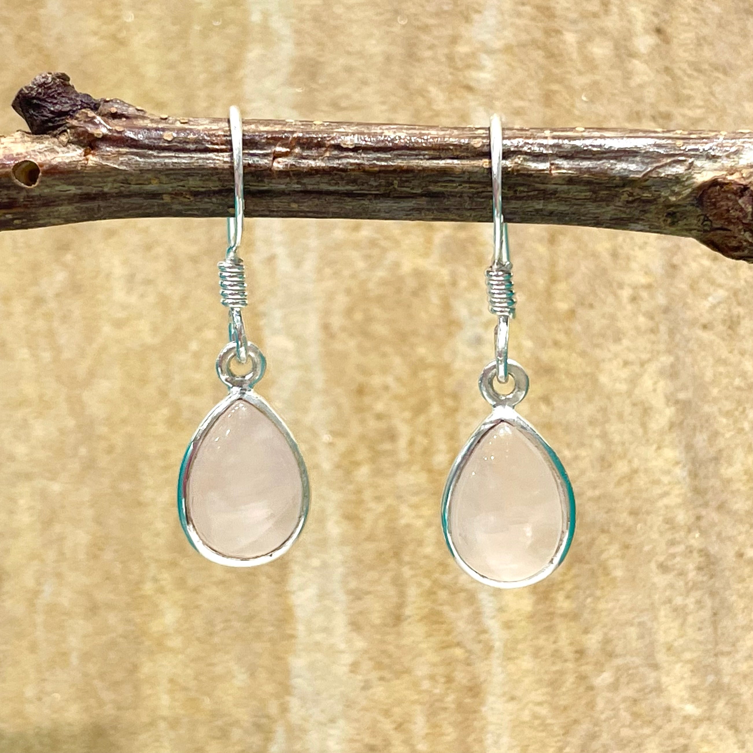 Rose quartz tear drop cabochon sterling silver earrings