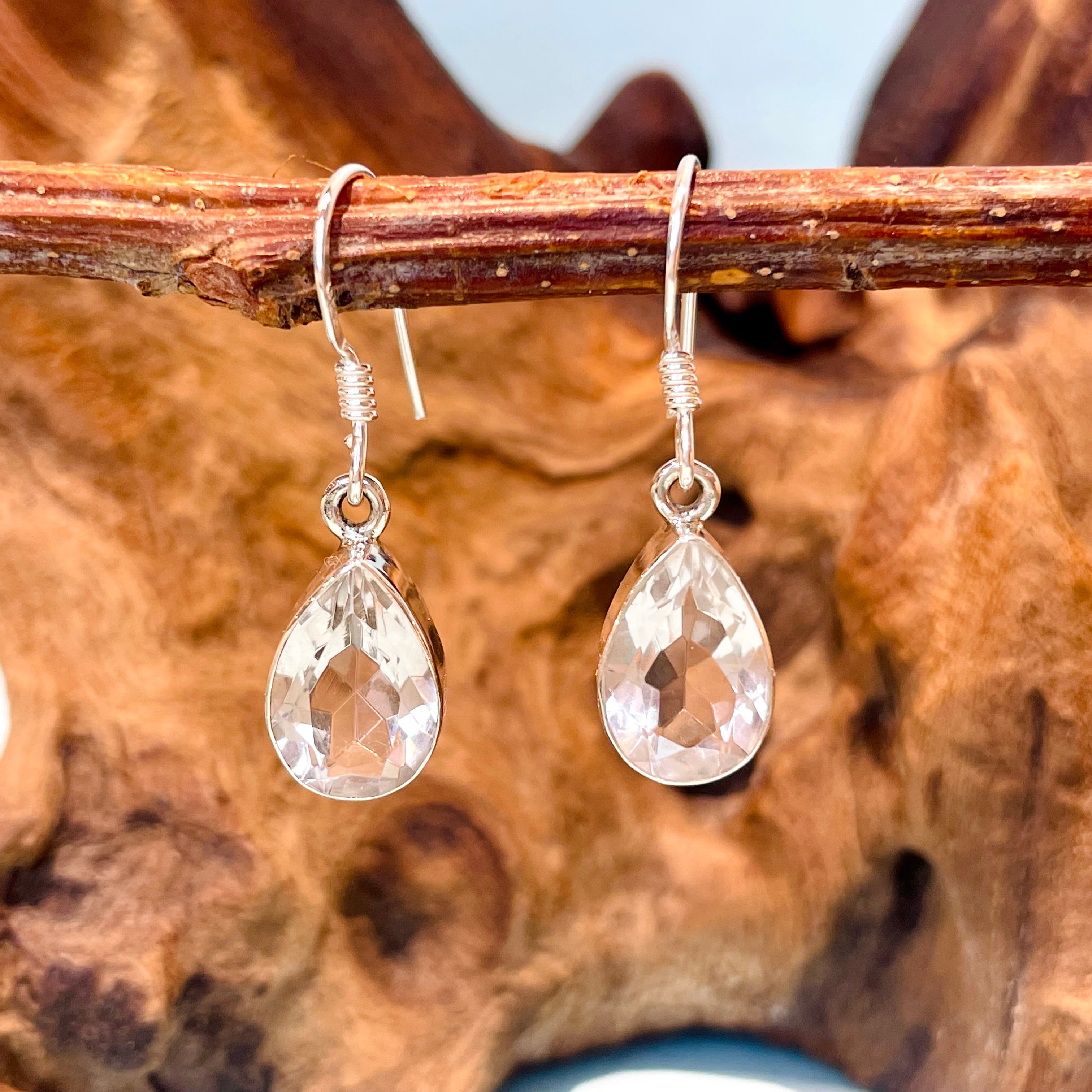 Clear Quartz tear drop hook earrings in sterling silver