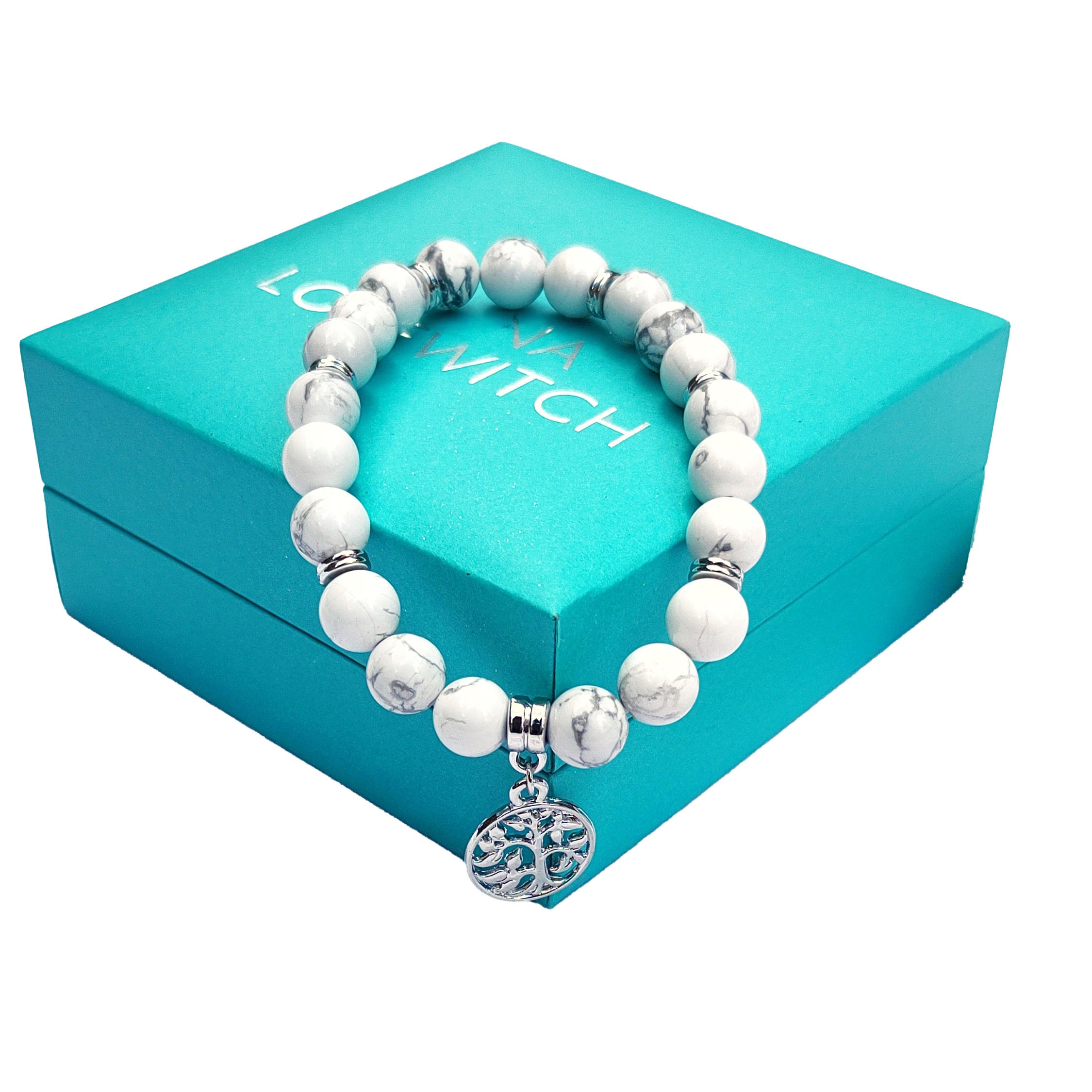 White Howlite 8mm Crystal Bead Bracelet with Silver Tree of Life Charm