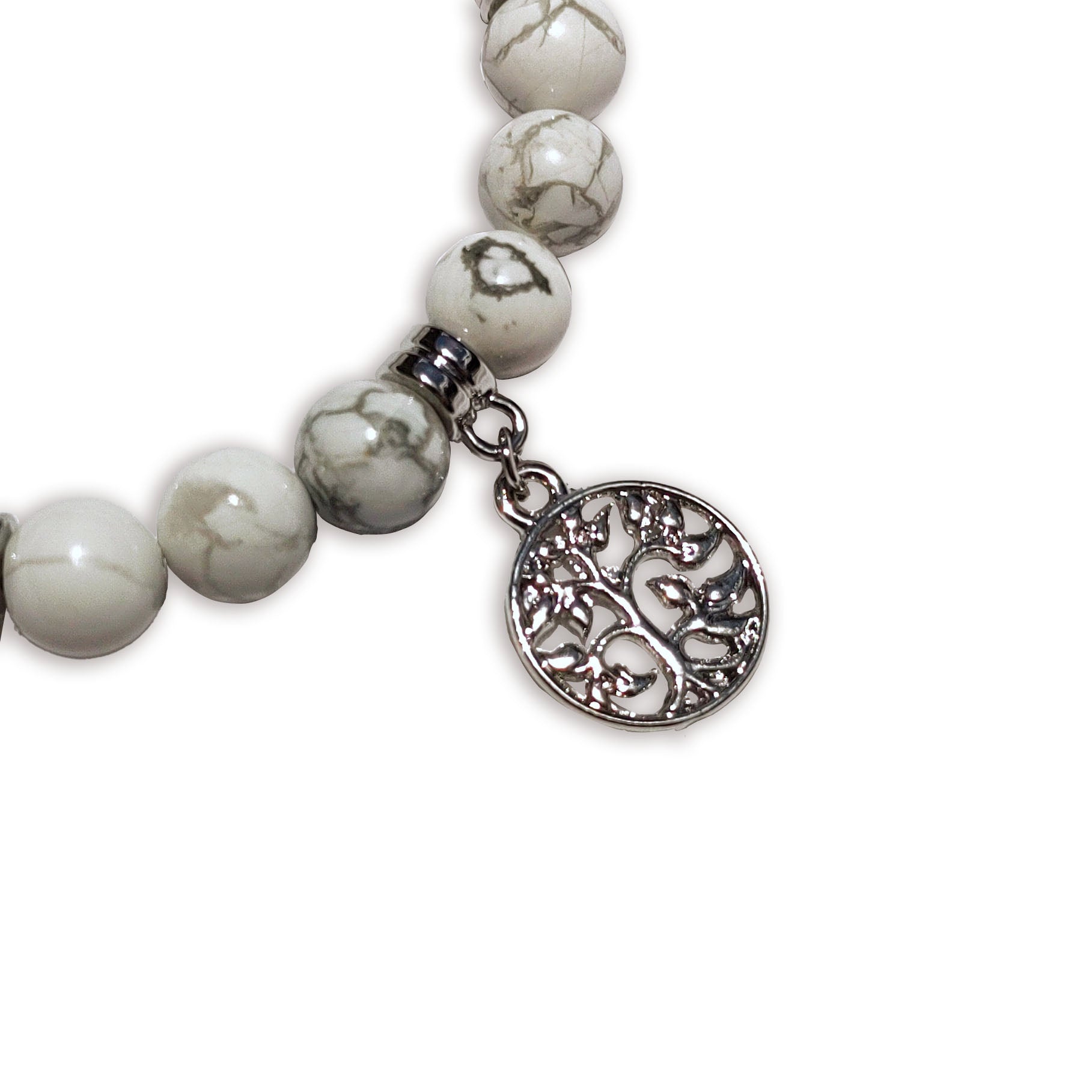 White Howlite 8mm Crystal Bead Bracelet with Silver Tree of Life Charm