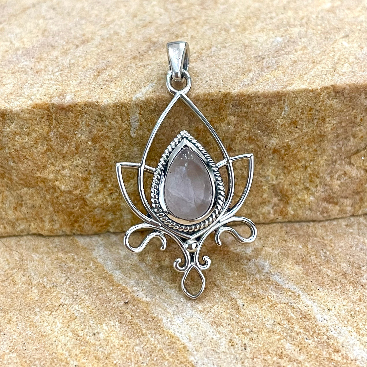 Rose Quartz detailed lotus pendant in sterling silver – The Crystal and ...