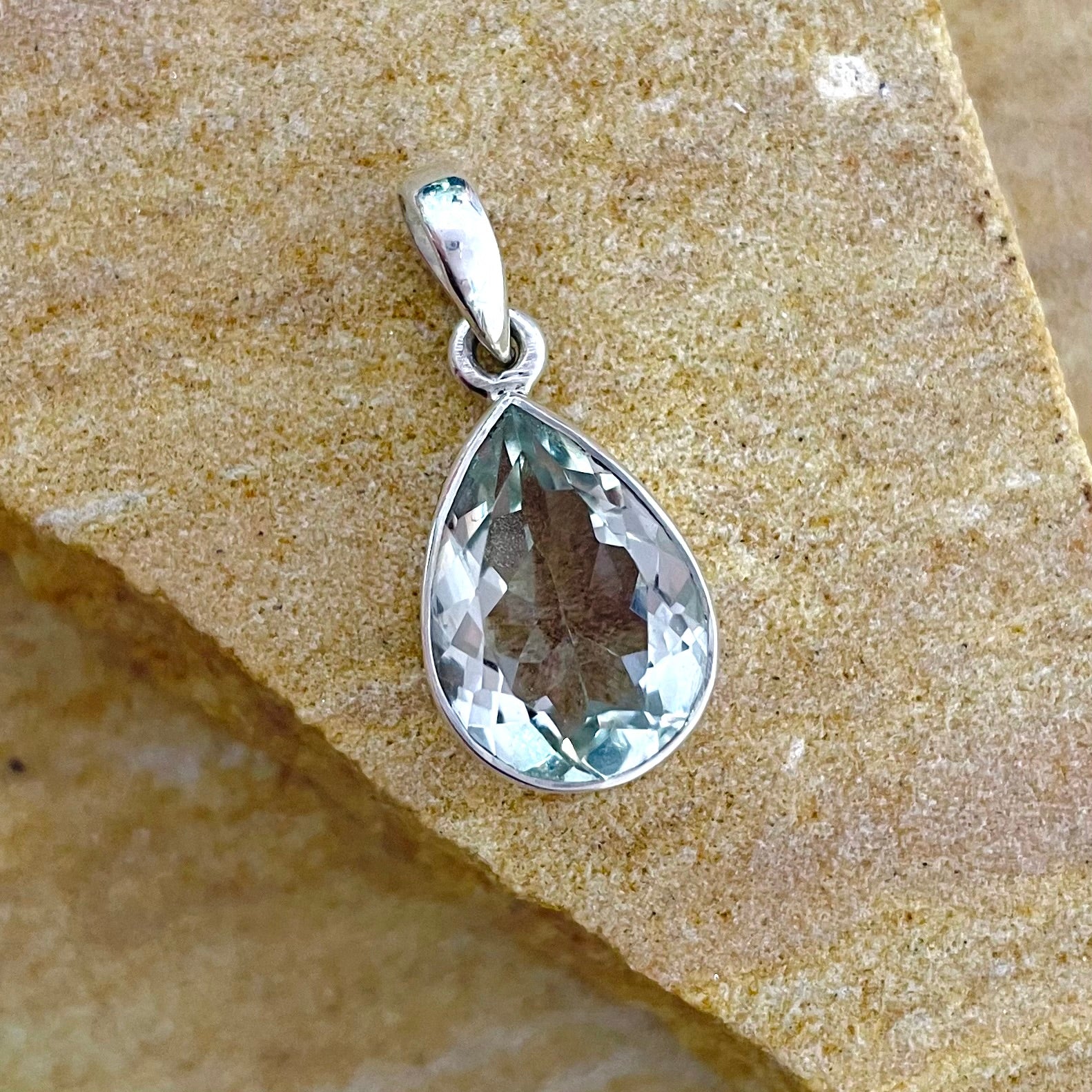 Green amethyst tear drop pendant in sterling silver