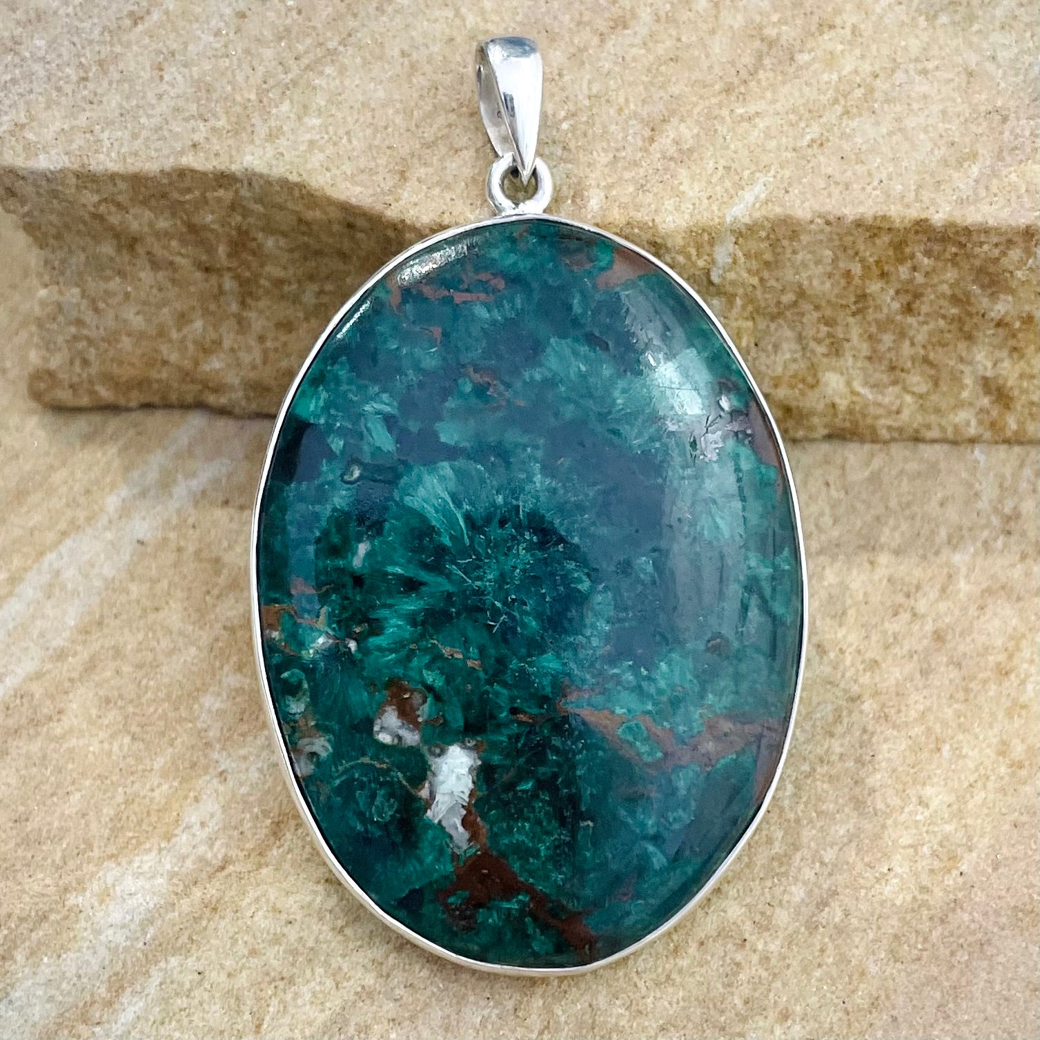 Chrysocolla oval pendant in sterling silver