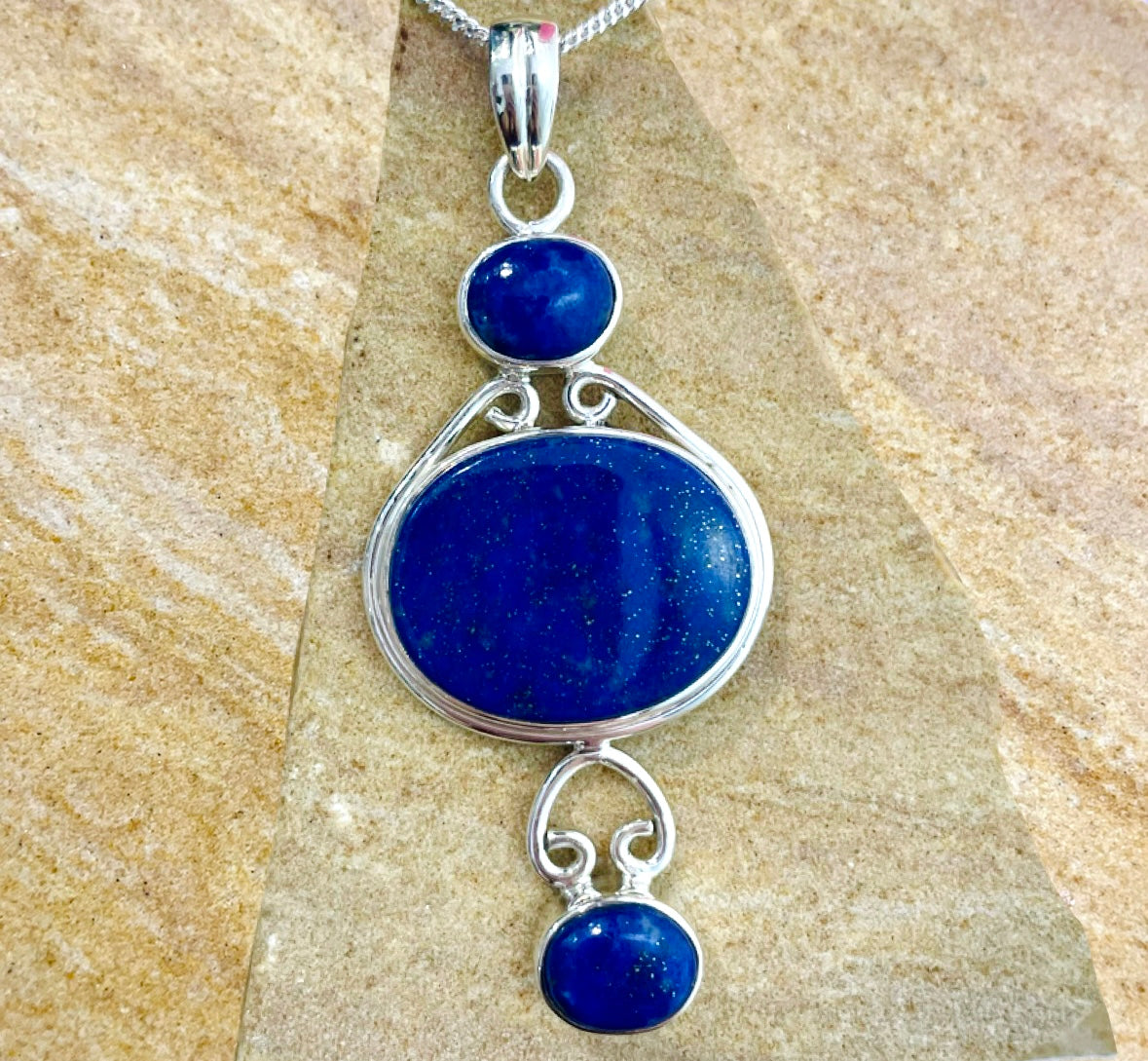 Lapis Lazuli three stone pendant in sterling silver