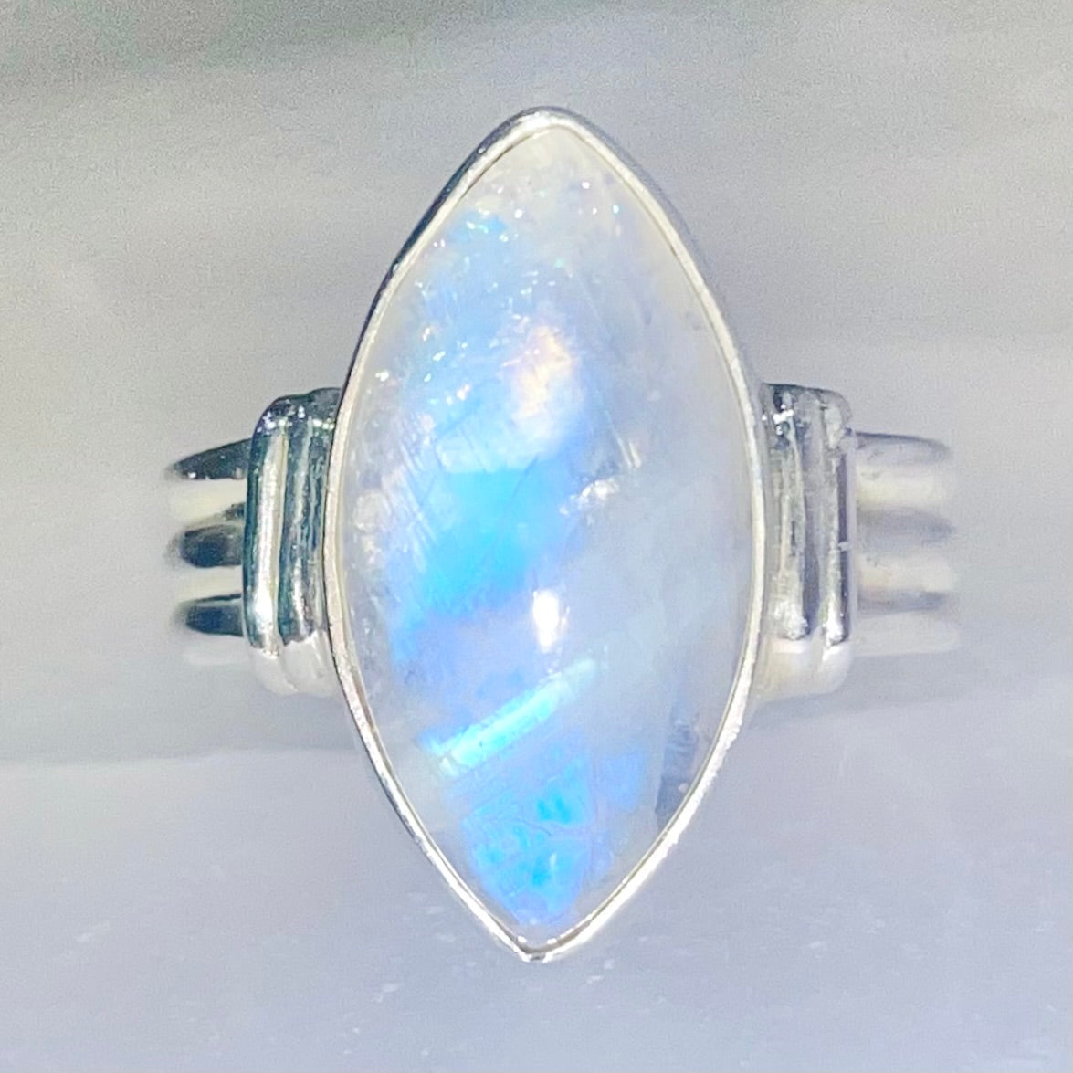 Rainbow Moonstone ring in sterling silver