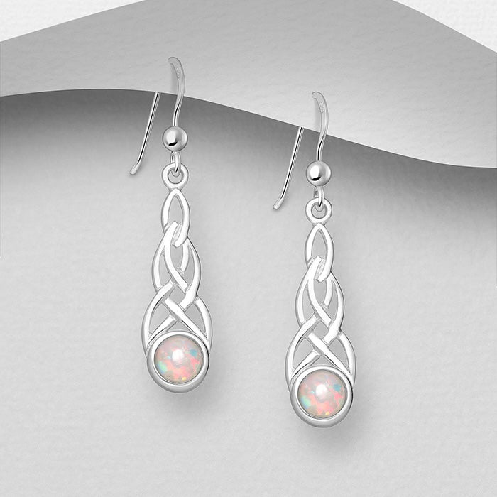 925 Sterling silver hook earrings featuring Celtic decorated with lab-created opal