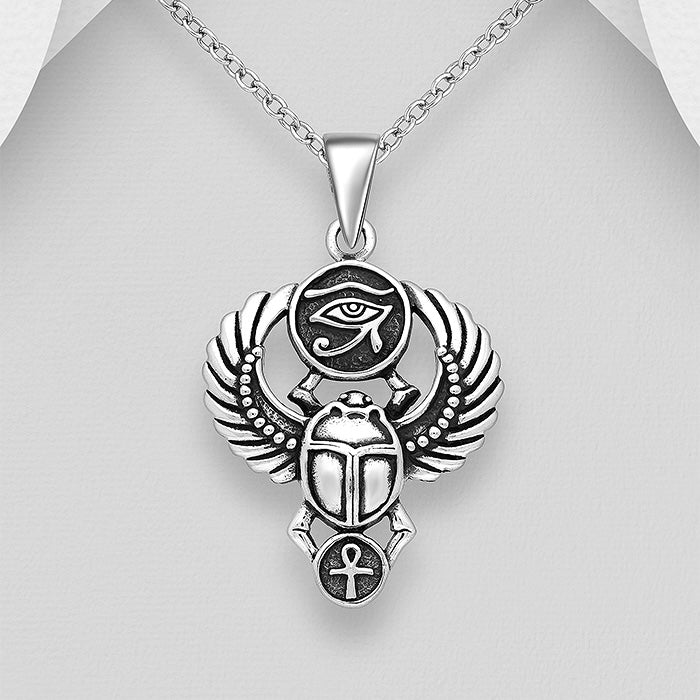 925 Sterling silver oxidized Egyptian scarab beetle, Egyptian cross and the Eye of Ra pendant