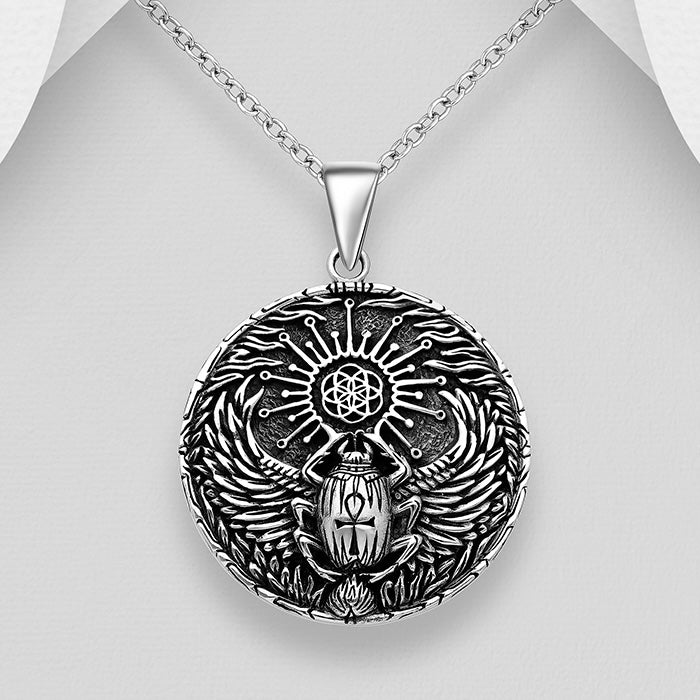 Egyptian scarab beetle, cross and flower of life pendant in sterling silver