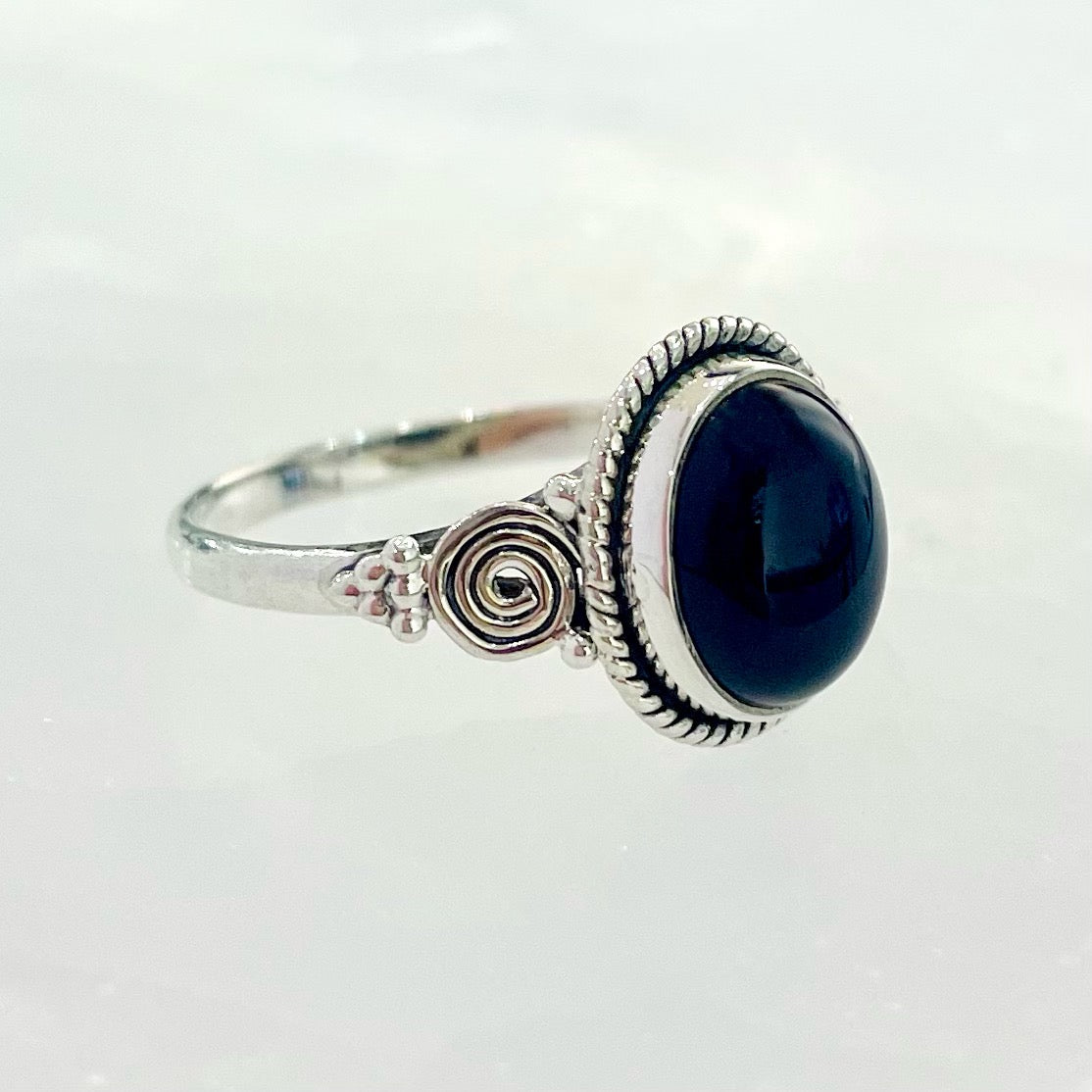 Obsidian swirl detail ring in sterling silver