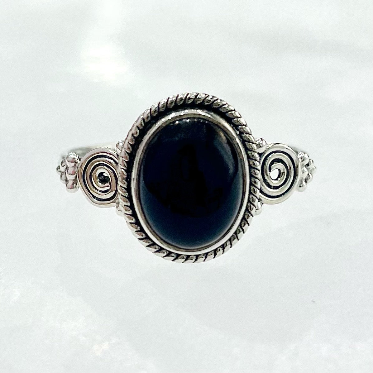 Obsidian swirl detail ring in sterling silver