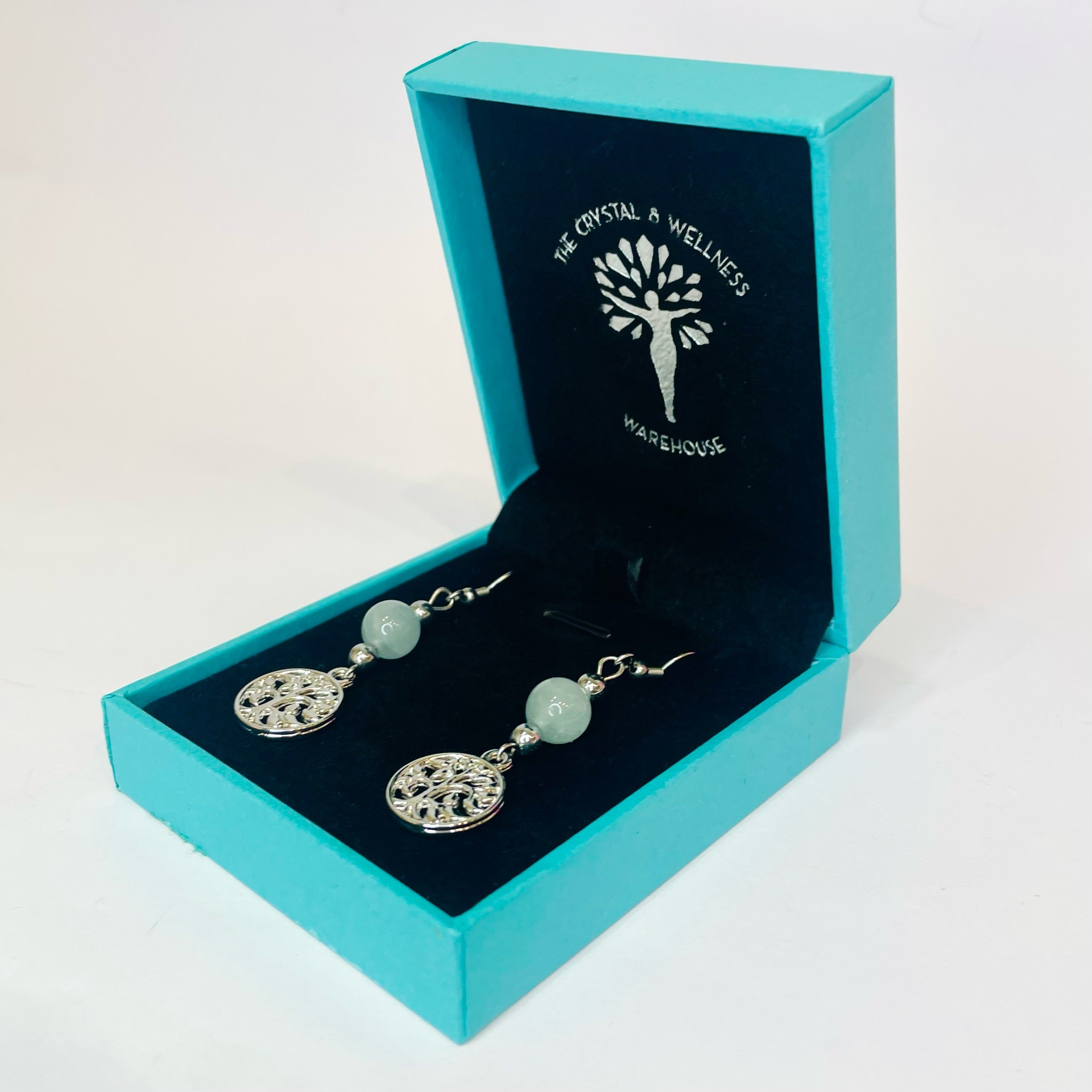 Aquamarine 8mm crystal bead drop earring with silver tree of life charm