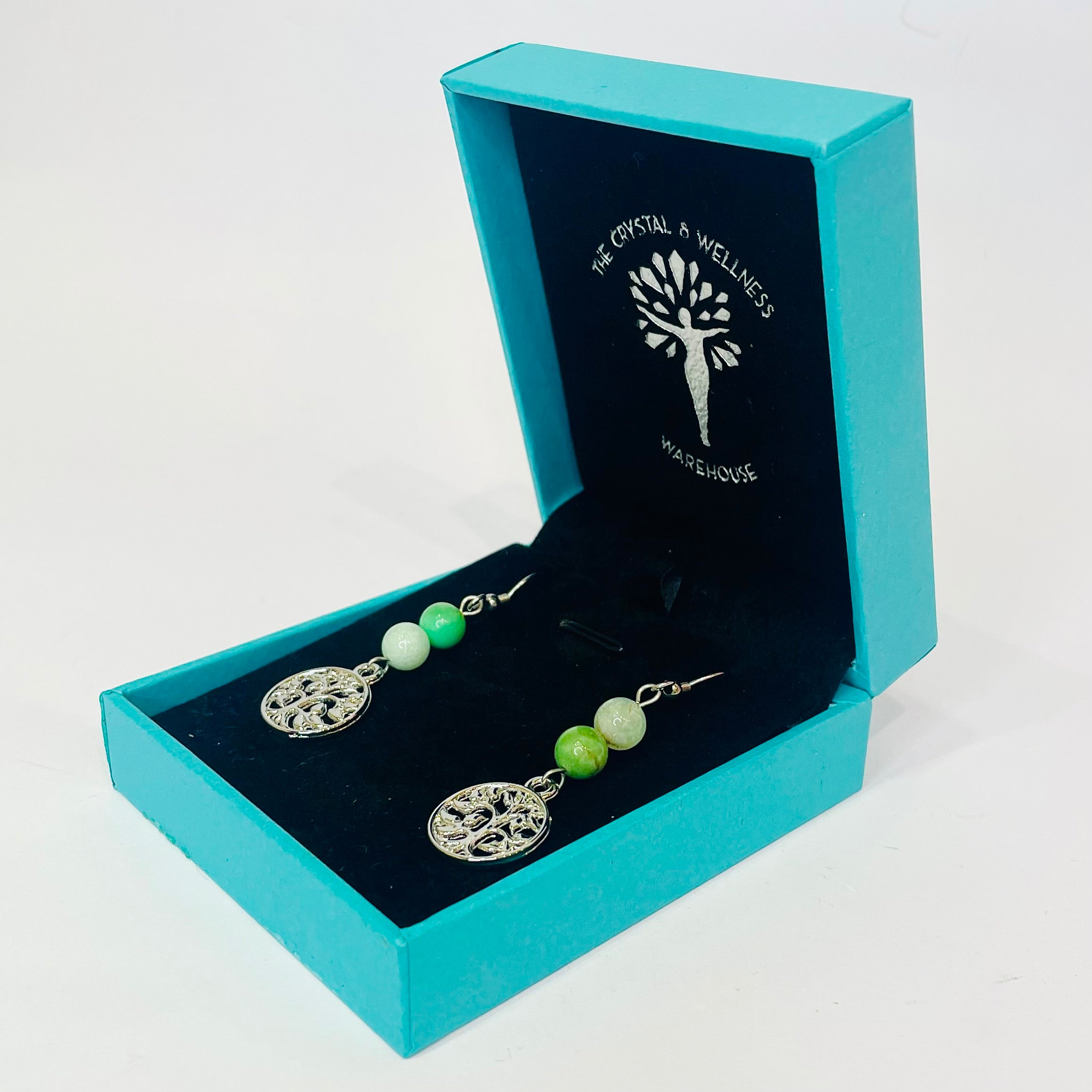 Australian Jasper 6mm crystal bead drop earrings with silver tree of life charm