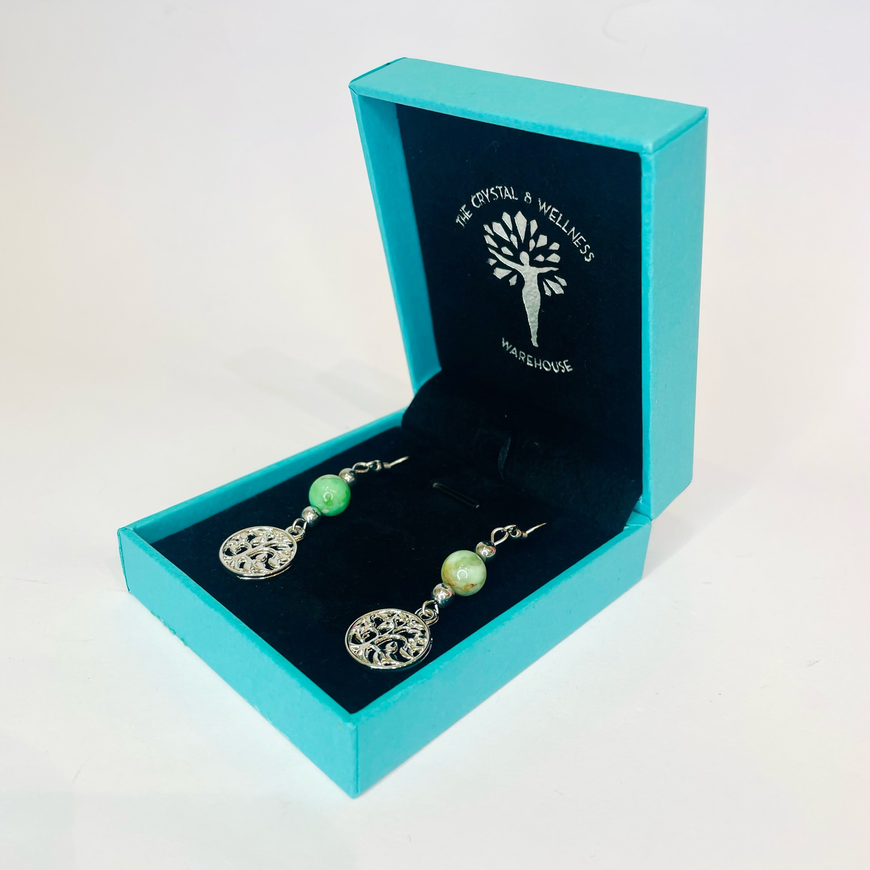 Australian Jasper 8mm crystal bead drop earrings with silver tree of life charm