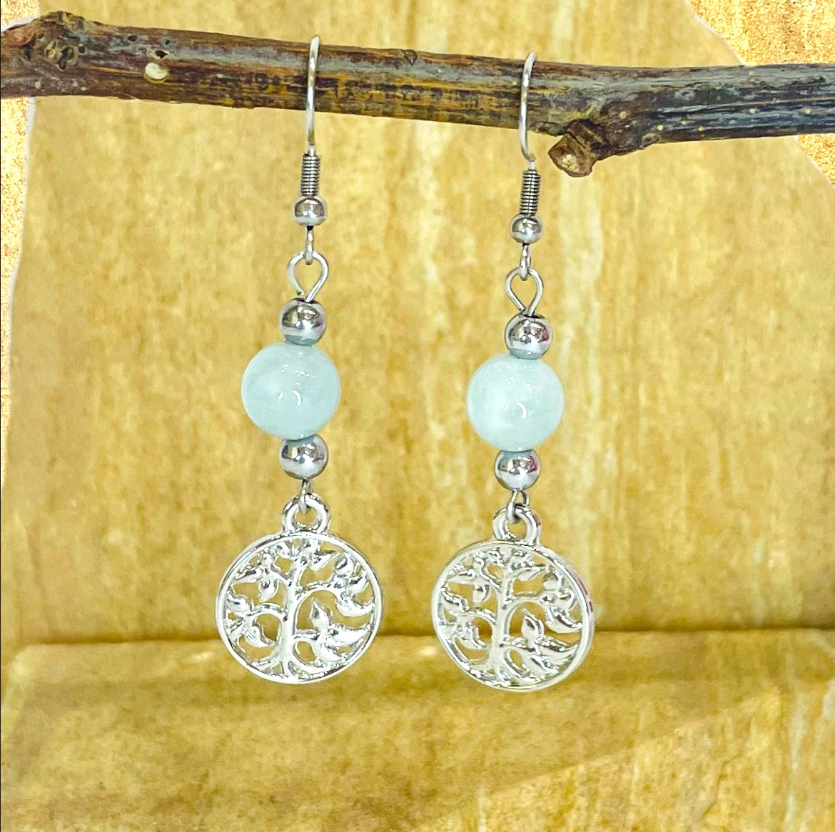 Aquamarine 8mm crystal bead drop earring with silver tree of life charm