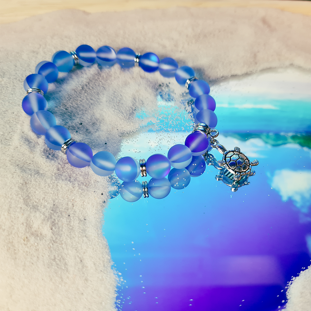 Mermaid glass bead bracelet with turtle charm in luxury gift box ~ 5 colour choices