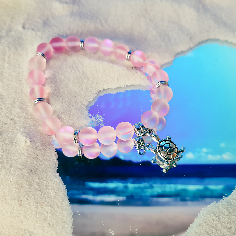 Mermaid glass bead bracelet with turtle charm in luxury gift box ~ 5 colour choices