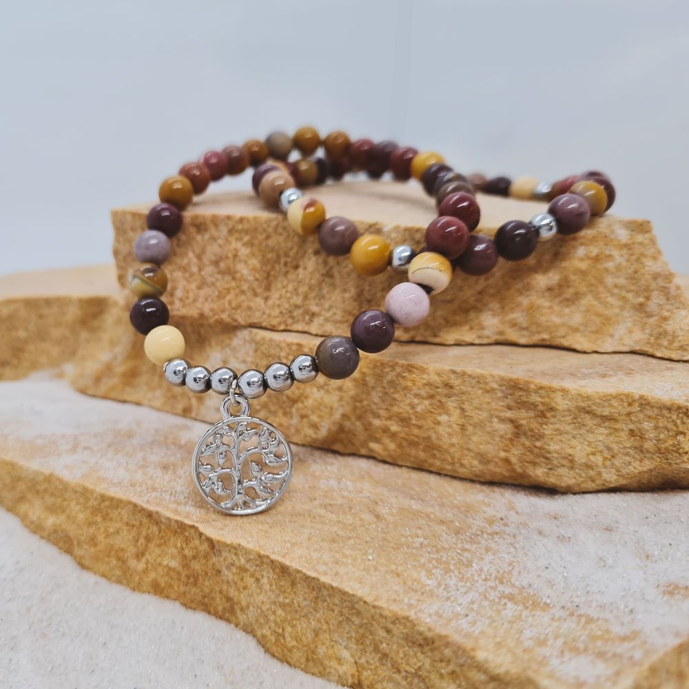 Mookaite 6mm crystal bead twin bracelets with Tree of Life charm