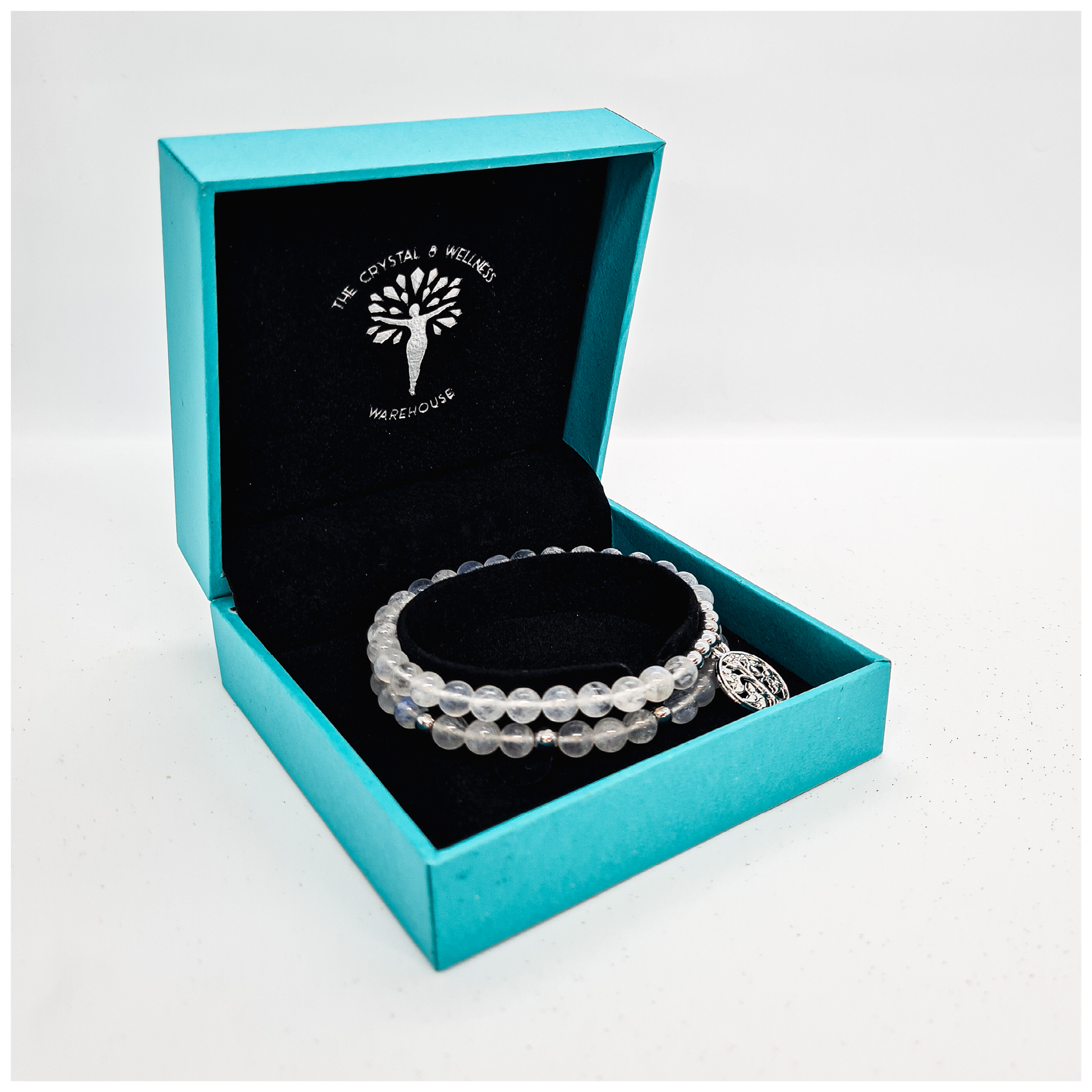 Rainbow Moonstone 8mm crystal bead bracelet with tree of life charm