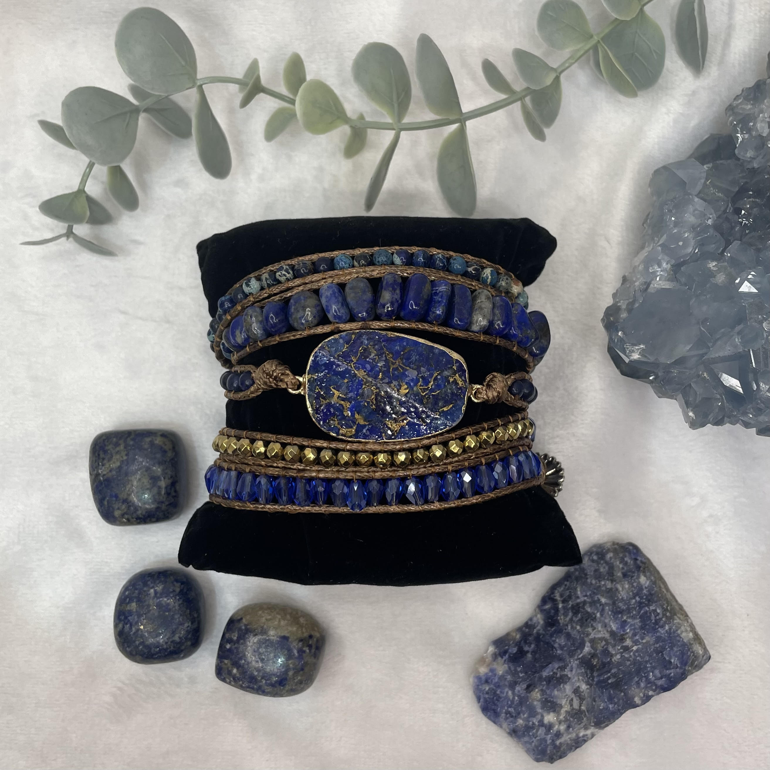 Lapis Lazuli, Jasper and Austrian Crystal Adjustable Wrap Bracelet