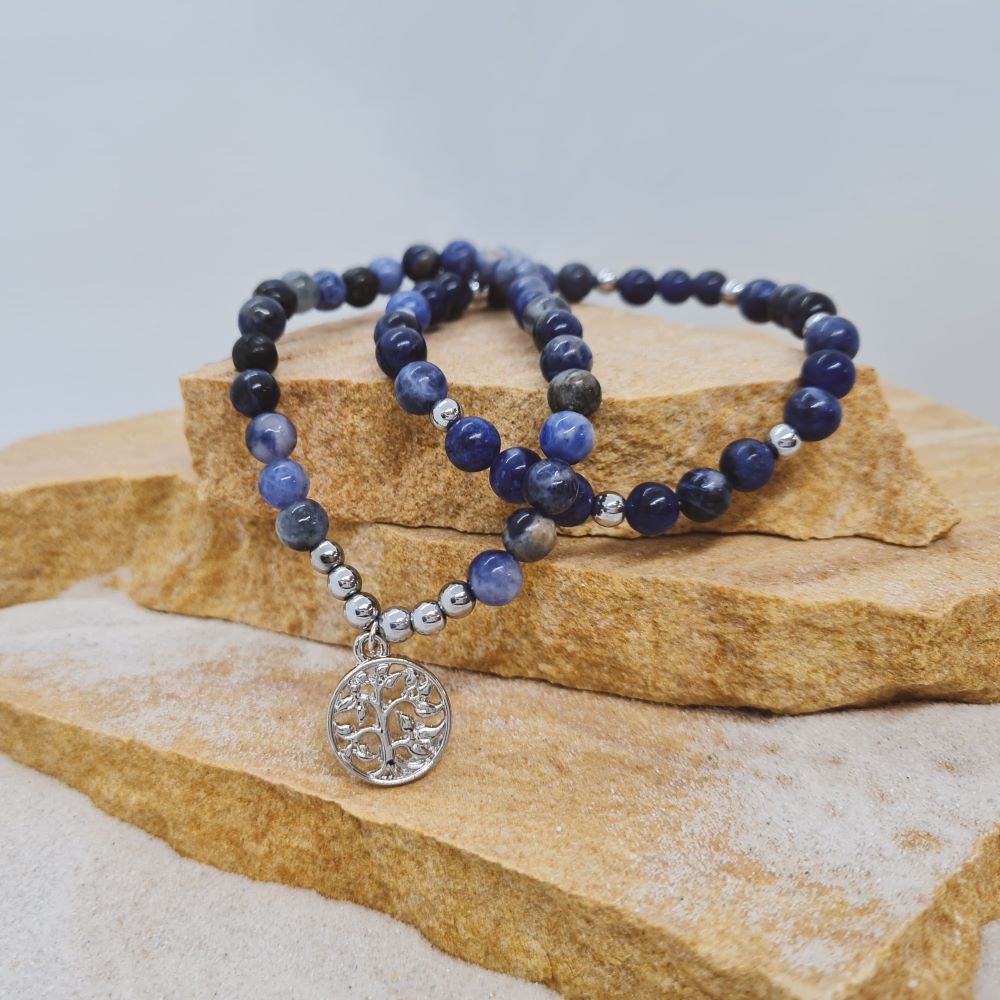 Sodalite 6mm crystal bead twin bracelets with silver tree of life charm