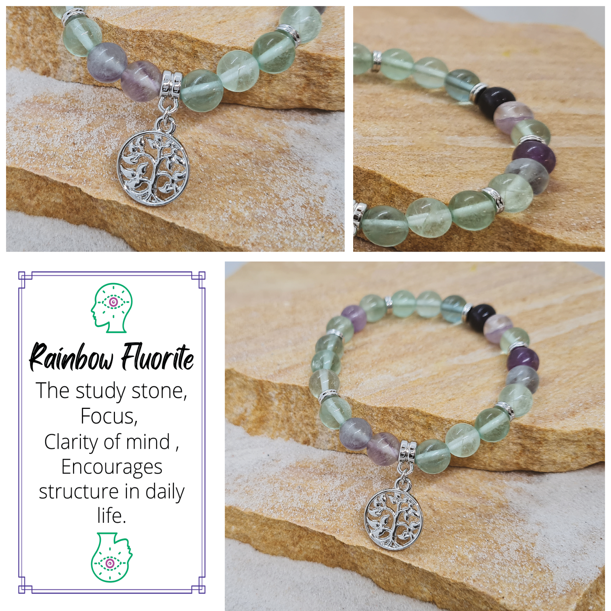 Rainbow Fluorite 8mm crystal bead bracelet with tree of life charm