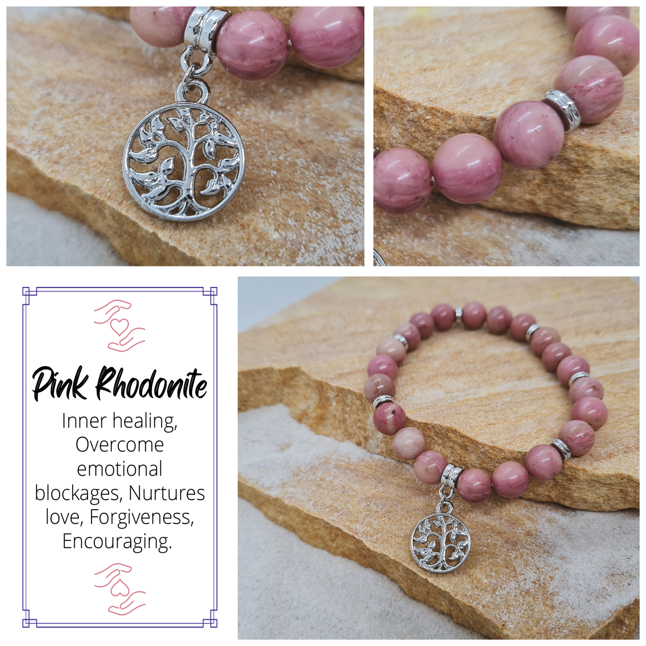 Pink Rhodonite 8mm crystal bead bracelet with tree of life charm