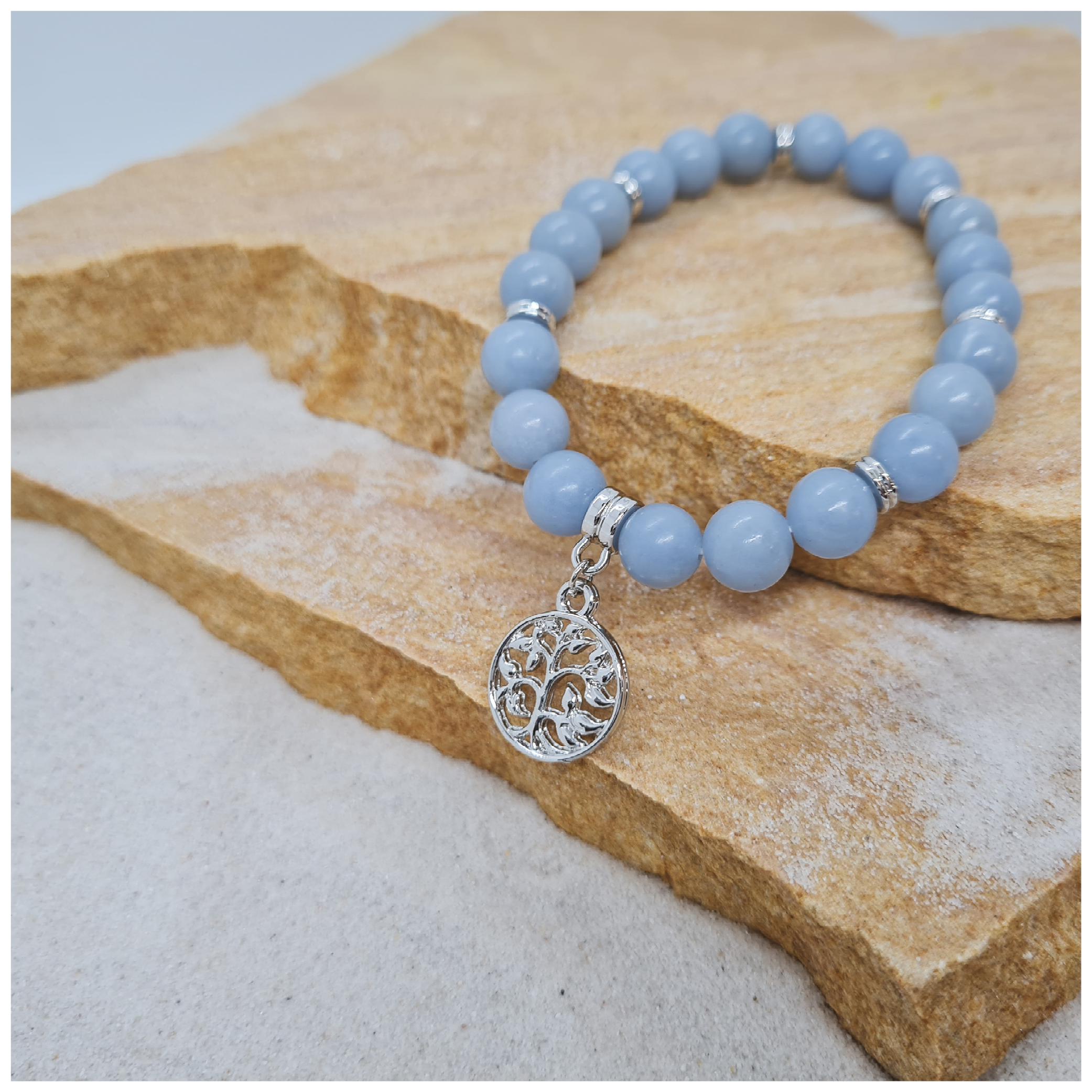 Angelite 8mm crystal bead bracelet with tree of life charm