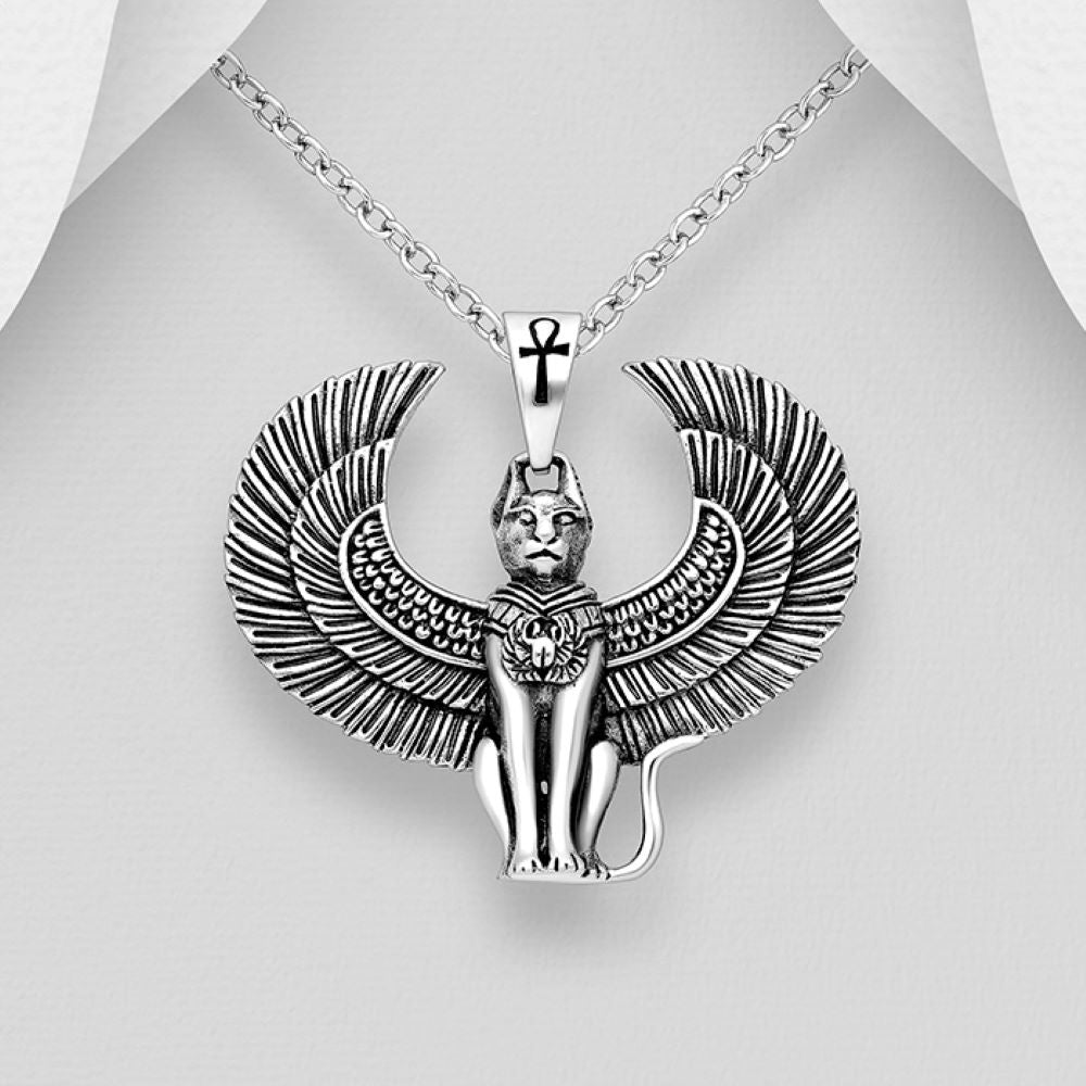 Egyptian goddess Bastet sterling silver pendant with ankh detail