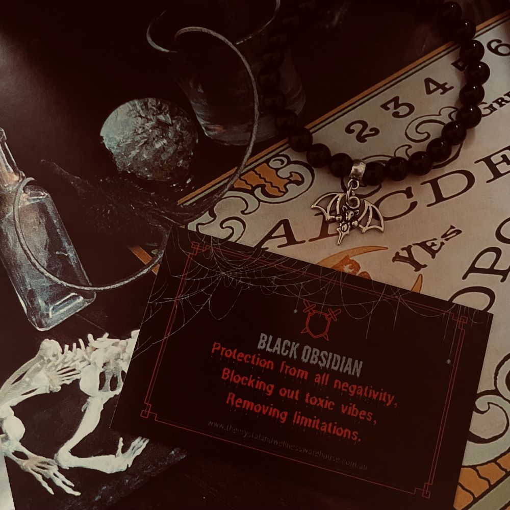 Luna Lovewitch Cursed Collection ~ Black obsidian bat charm bracelet