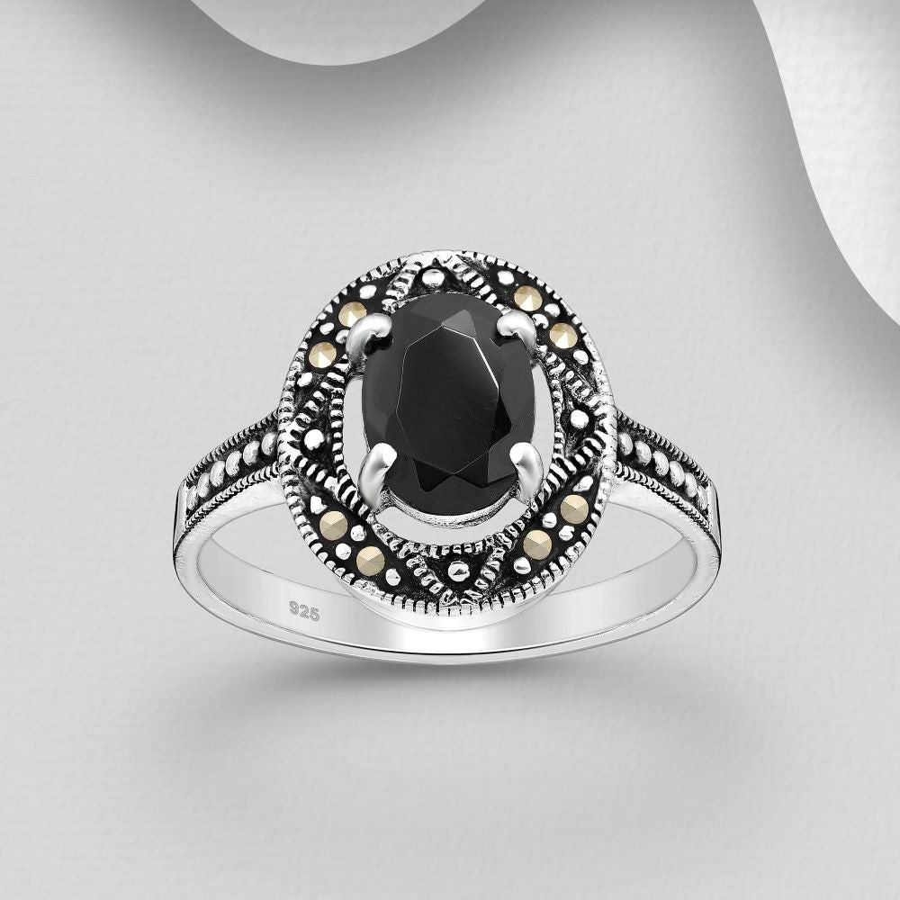 Black spinel and marcasite gothic vintage inspired setting sterling silver ring