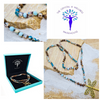 Dragonfly charm necklace with mixed crystal beads of blues and brown tones in luxury gift box