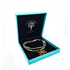 Dragonfly charm necklace with mixed crystal beads of blues and brown tones in luxury gift box