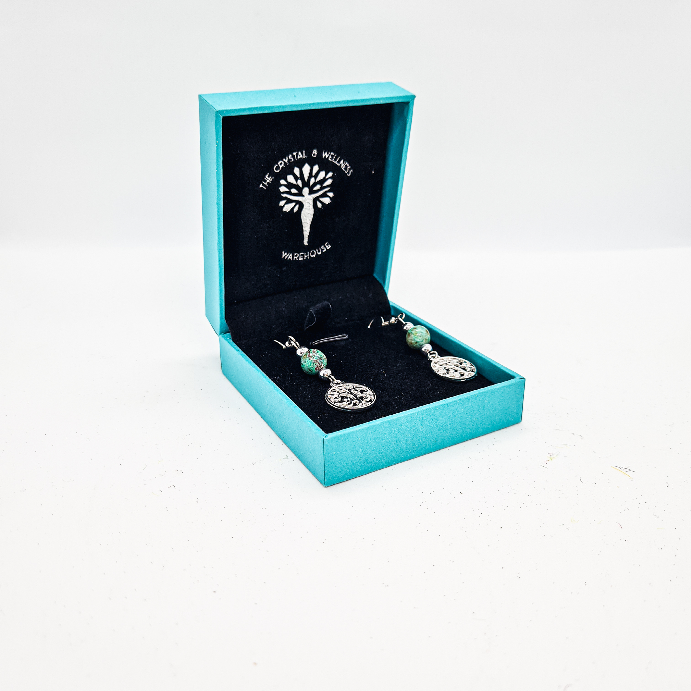 Chrysocolla 8mm crystal bead drop earring with silver tree of life charm